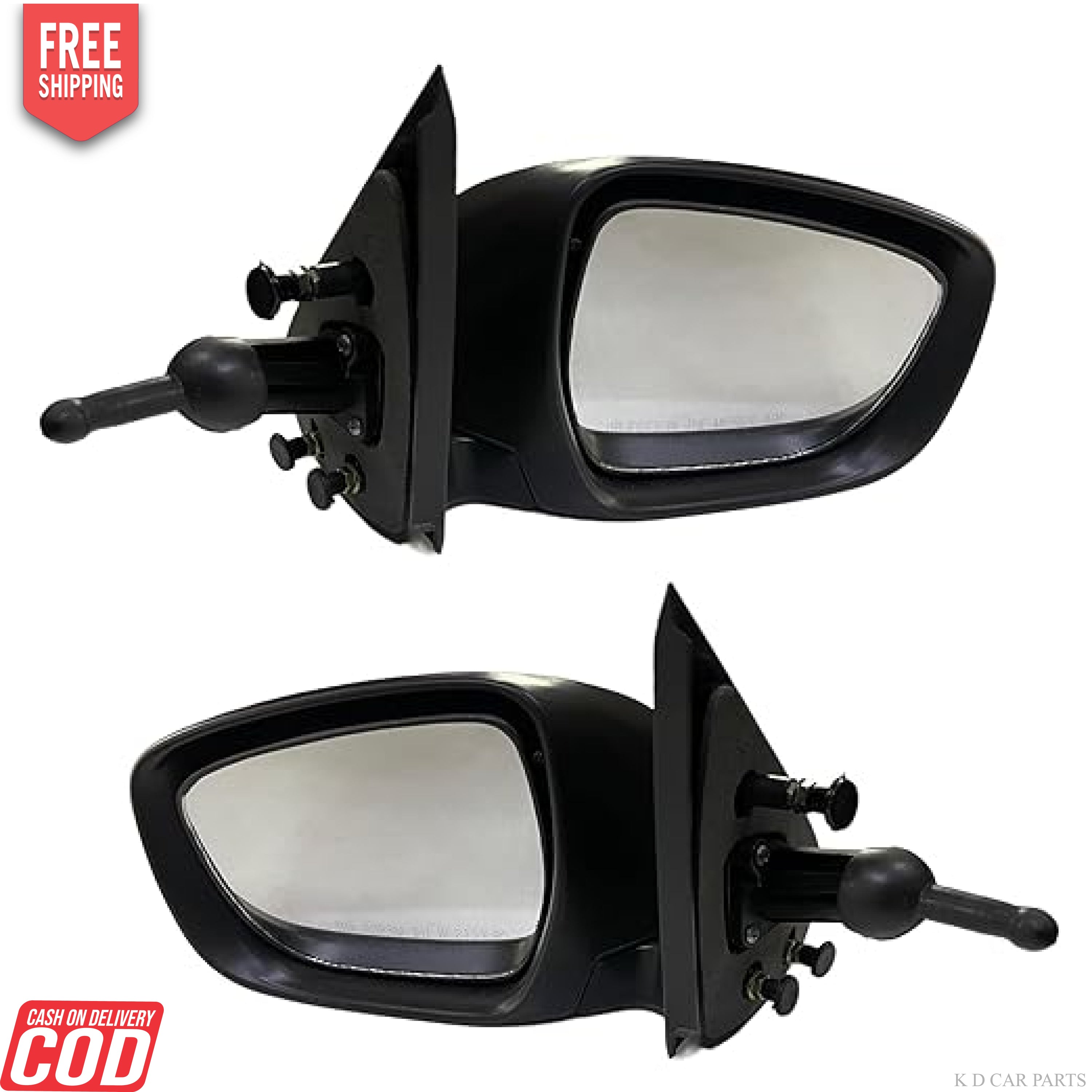 A pair of black door/side mirrors for Alto K10 (2020-Onwards) VX with adjustable mounts.