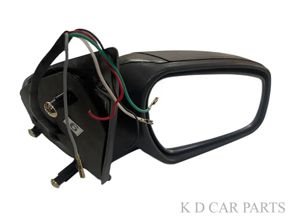 Black motorised door/side mirror with an integrated indicator and wiring visible.