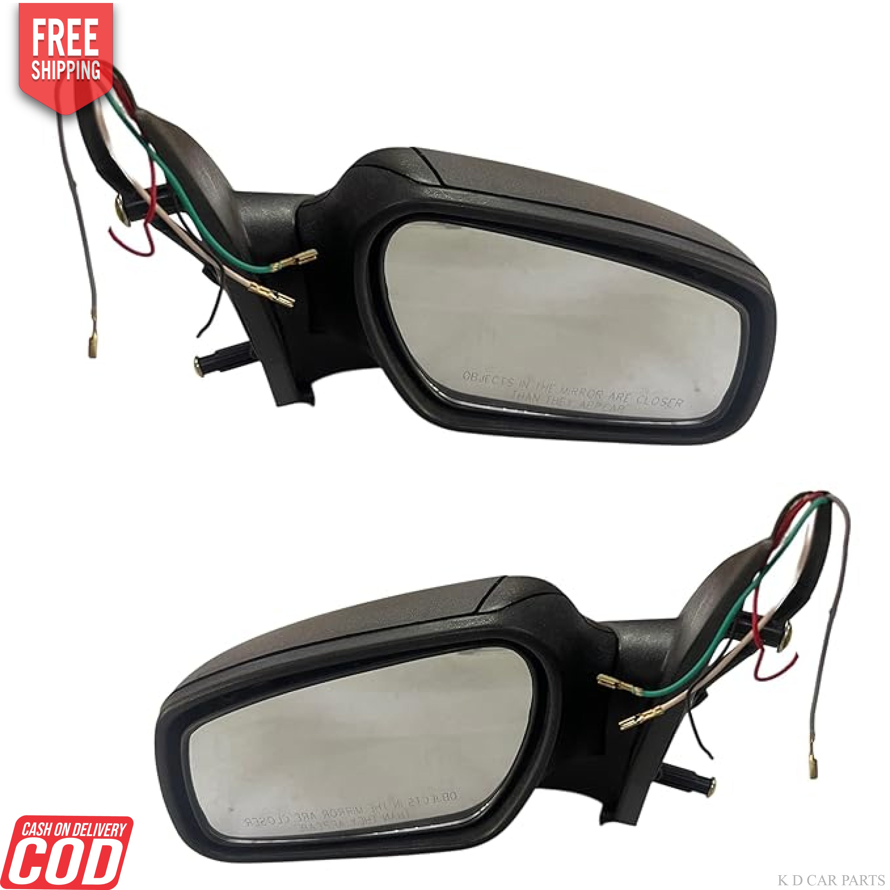 Black motorised door/side mirror with an integrated indicator and wiring visible.