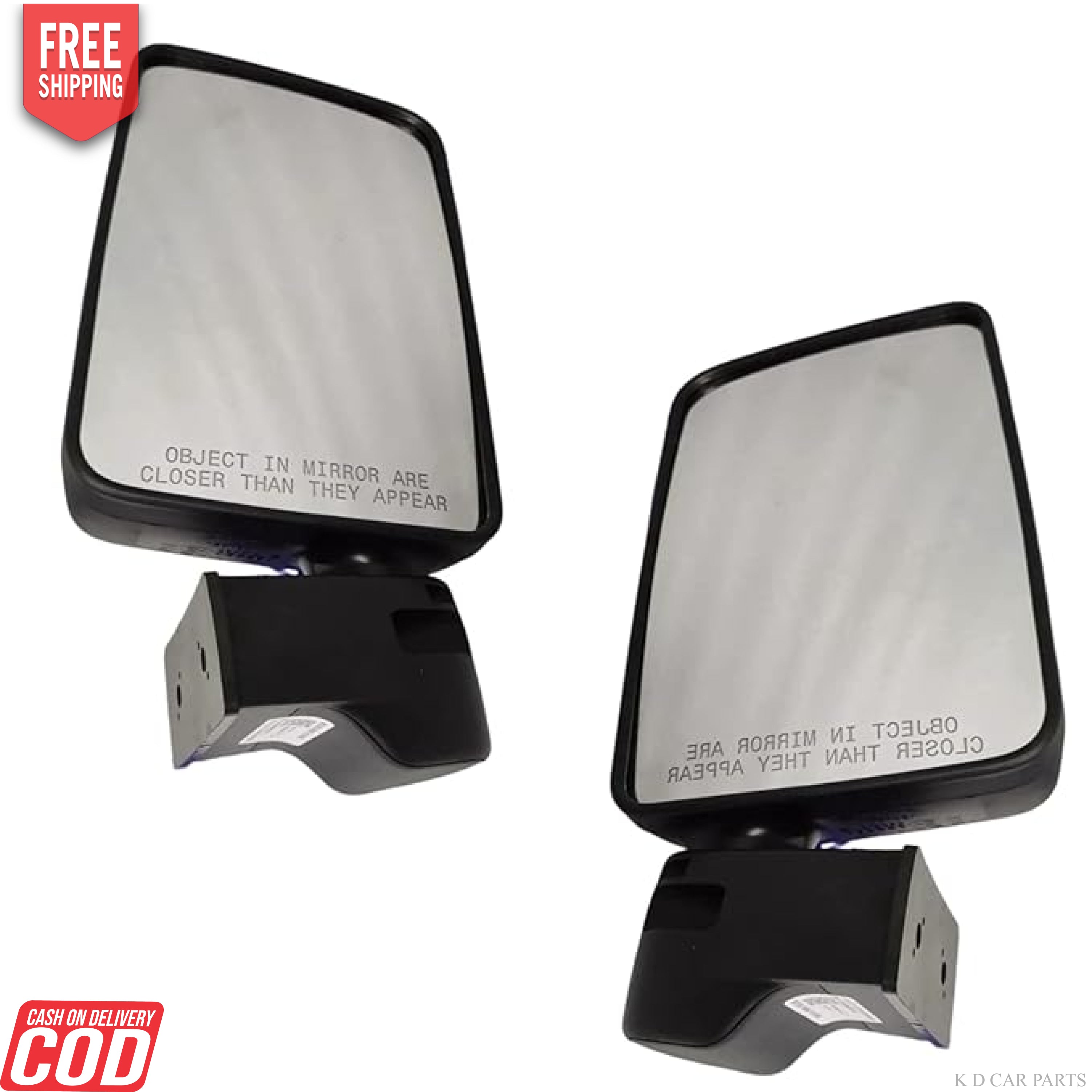 A pair of white door side mirrors for Mahindra Bolero with OEM fitting and a black mounting frame.
