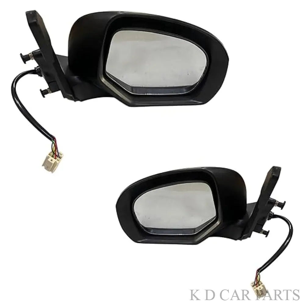 A pair of black motorized door mirrors with cables attached, designed for Maruti Brezza 2022-Onwards.