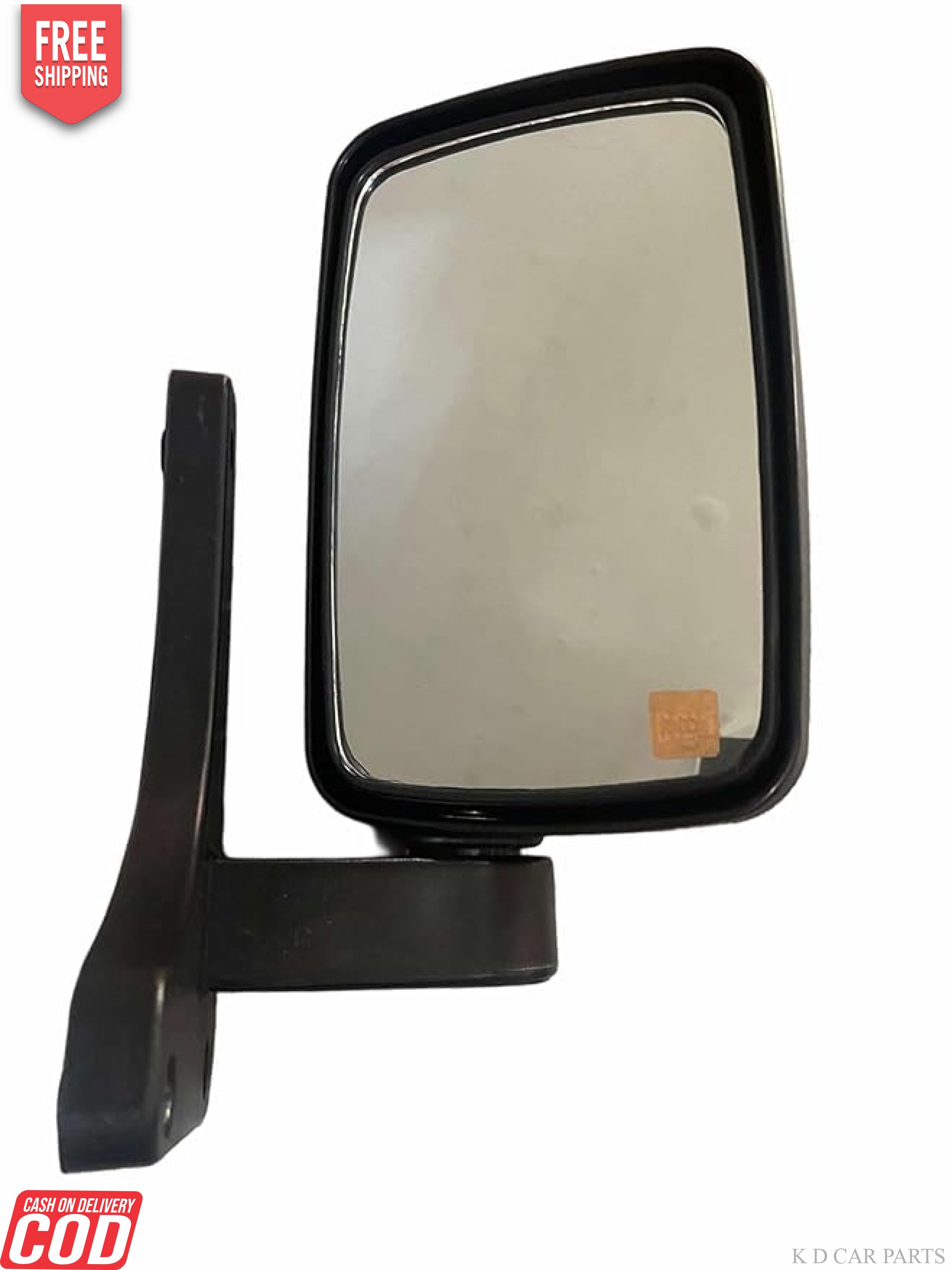Two black door mirrors with a reflective surface and metal attachments.