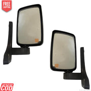 Two black door mirrors with a reflective surface and metal attachments.