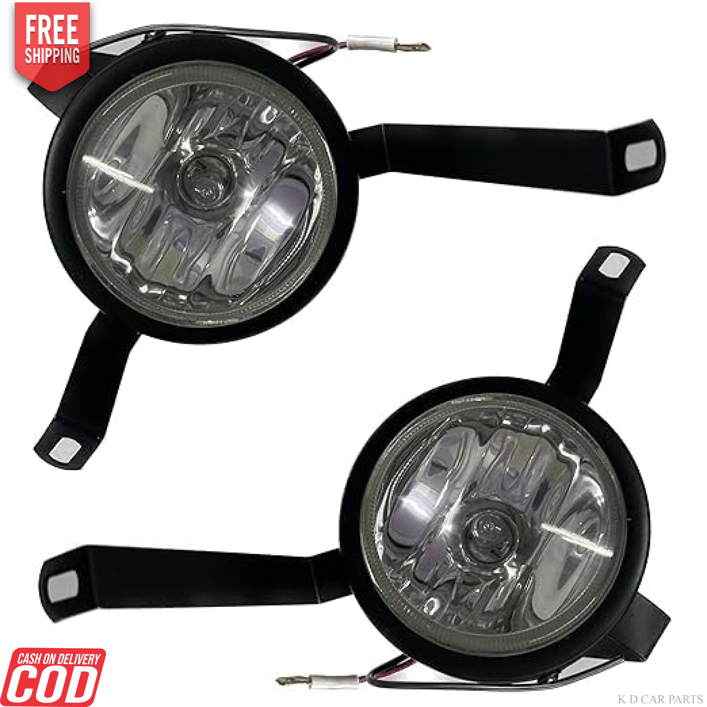 A pair of fog lamps for Chevrolet Sail, including bulbs, with a black rim design.