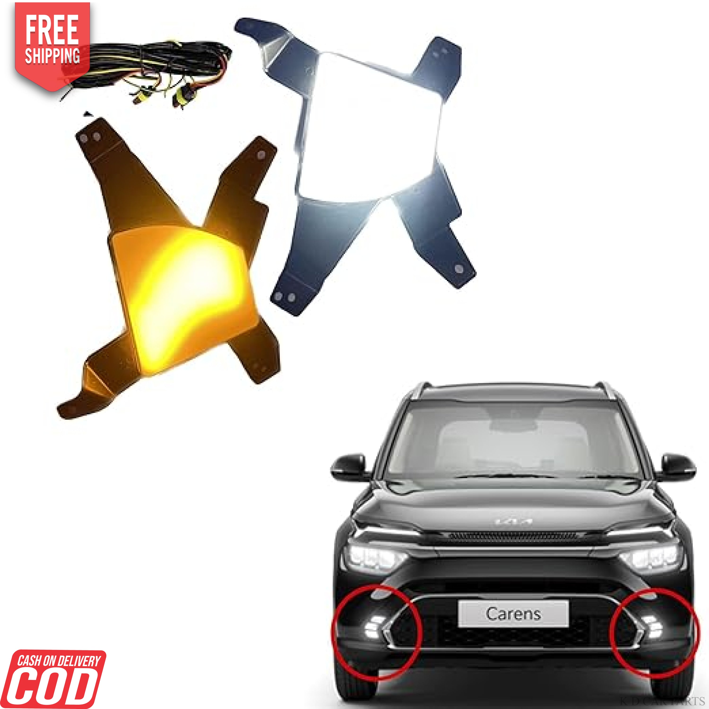 A set of fog lamps for Kia Carens, including white and indicator lights, displayed alongside a car with the lamps installed.