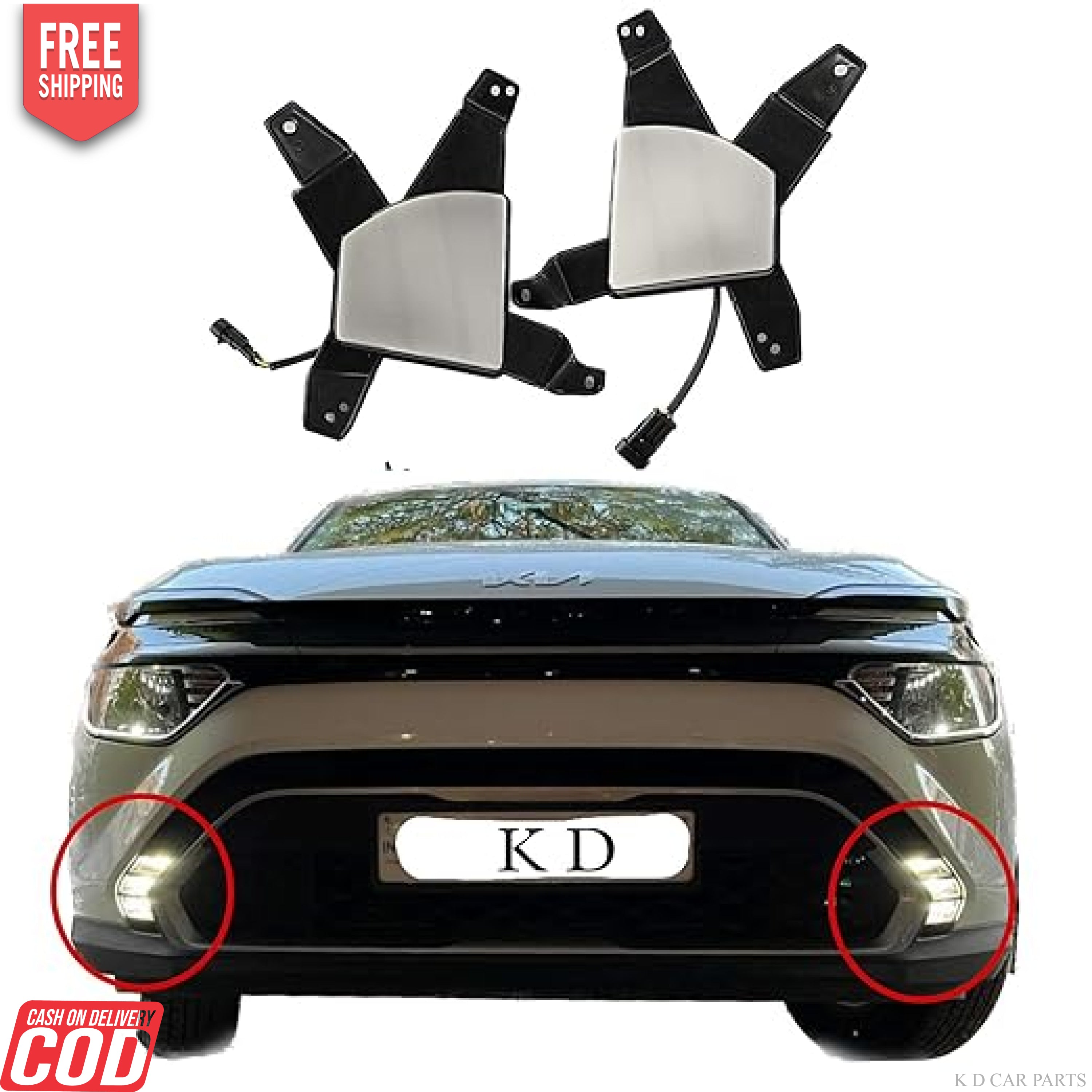 A set of fog lamps for Kia Carens, including white and indicator lights, displayed alongside a car with the lamps installed.