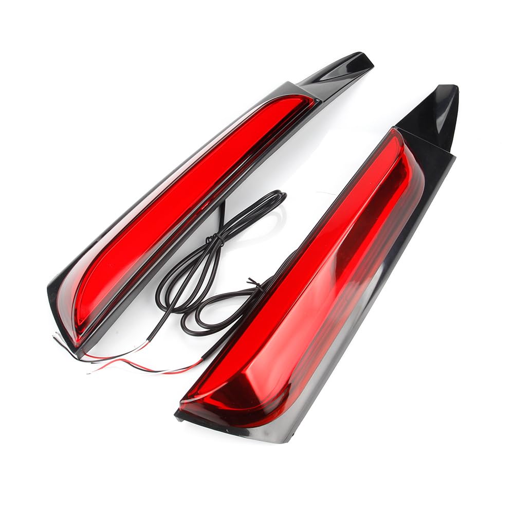 Pair of red LED pillar lights designed for Toyota Fortuner, showing both left and right light units with an illuminated effect on a dark background, and a visual of the lights installed on a vehicle.