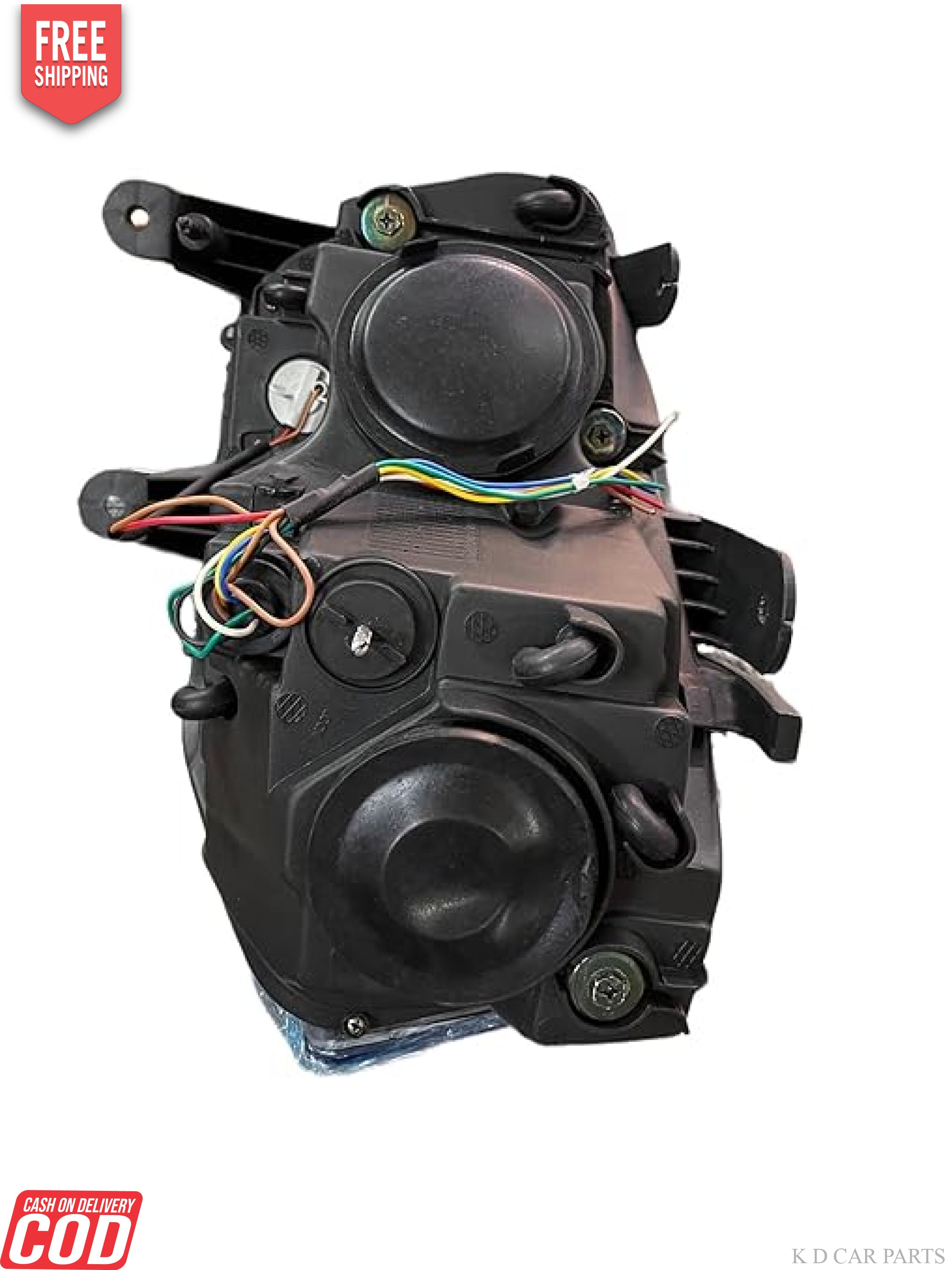 A white projector headlight for the Mahindra Scorpio vehicle, showcasing the front view with clear glass and metal assembly.