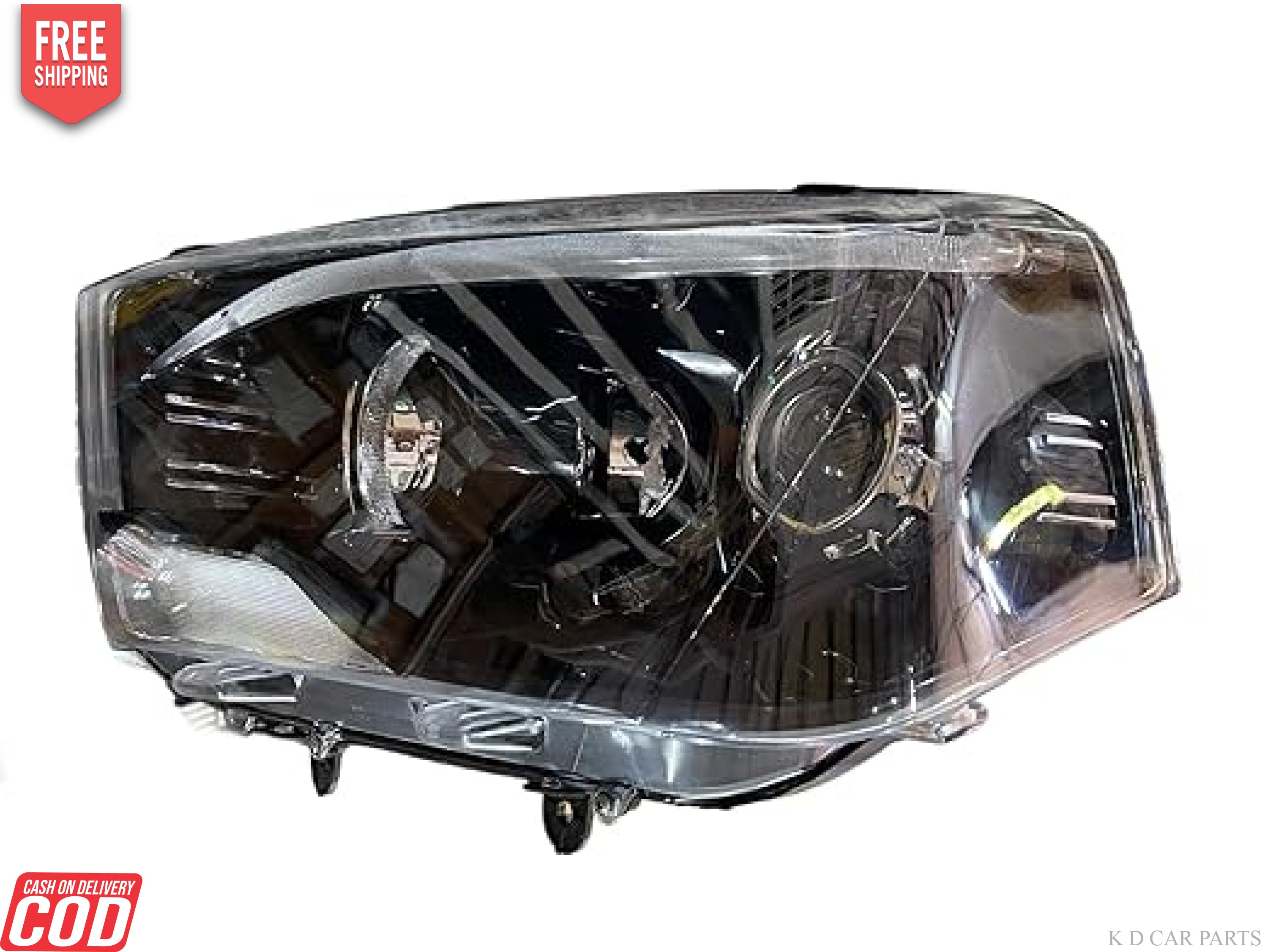 A white projector headlight for the Mahindra Scorpio vehicle, showcasing the front view with clear glass and metal assembly.