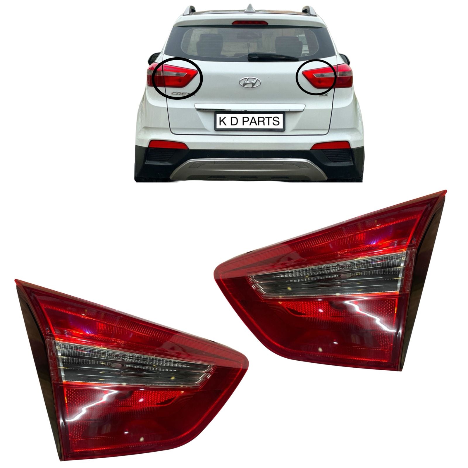 Taillight assembly for Hyundai Creta, showing the light assembly in red color against a white background and installed on a vehicle.