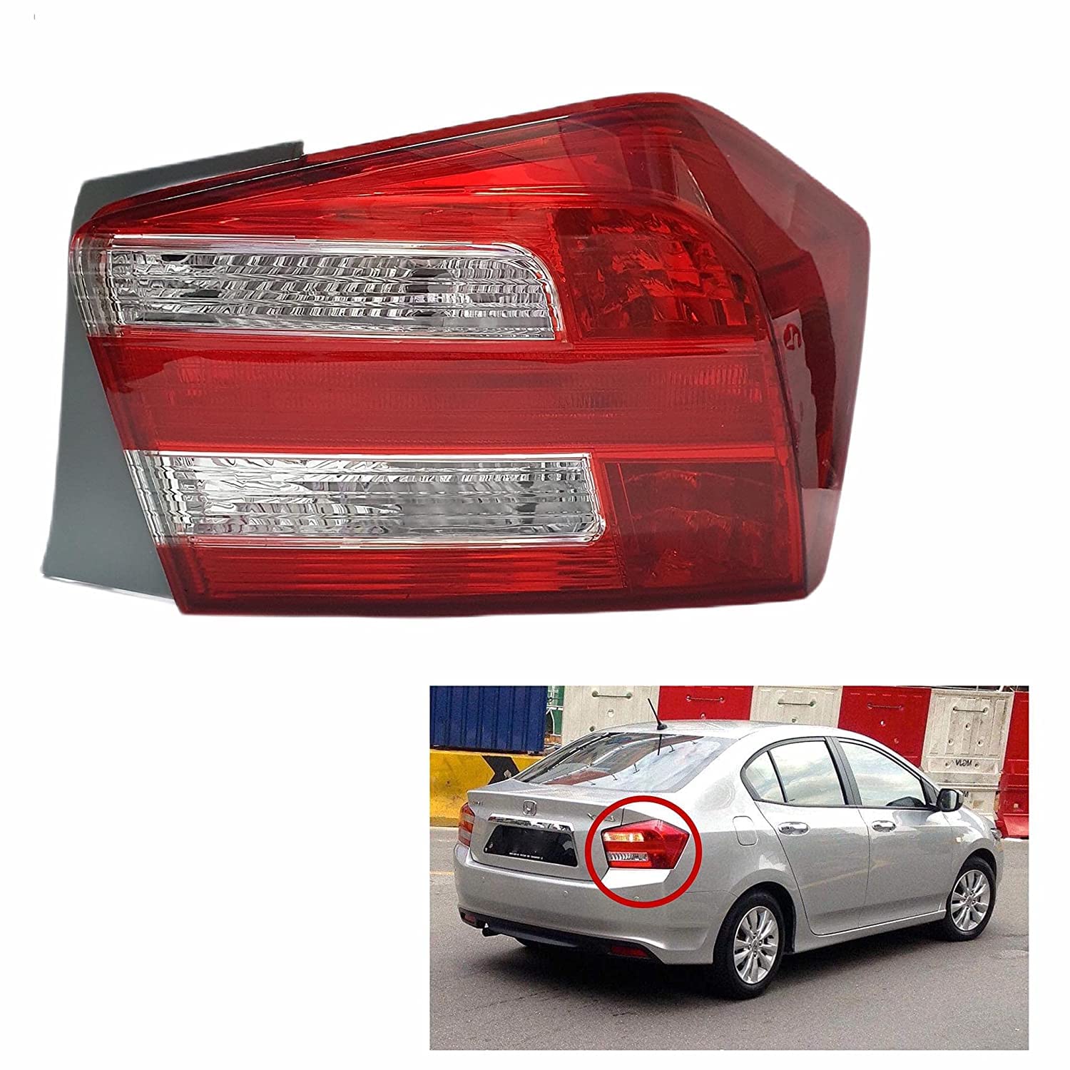 Red tail light assembly for Honda City Type- 6 IVTEC 2012-2013, with a close-up of the car light and a picture of the vehicle in question.