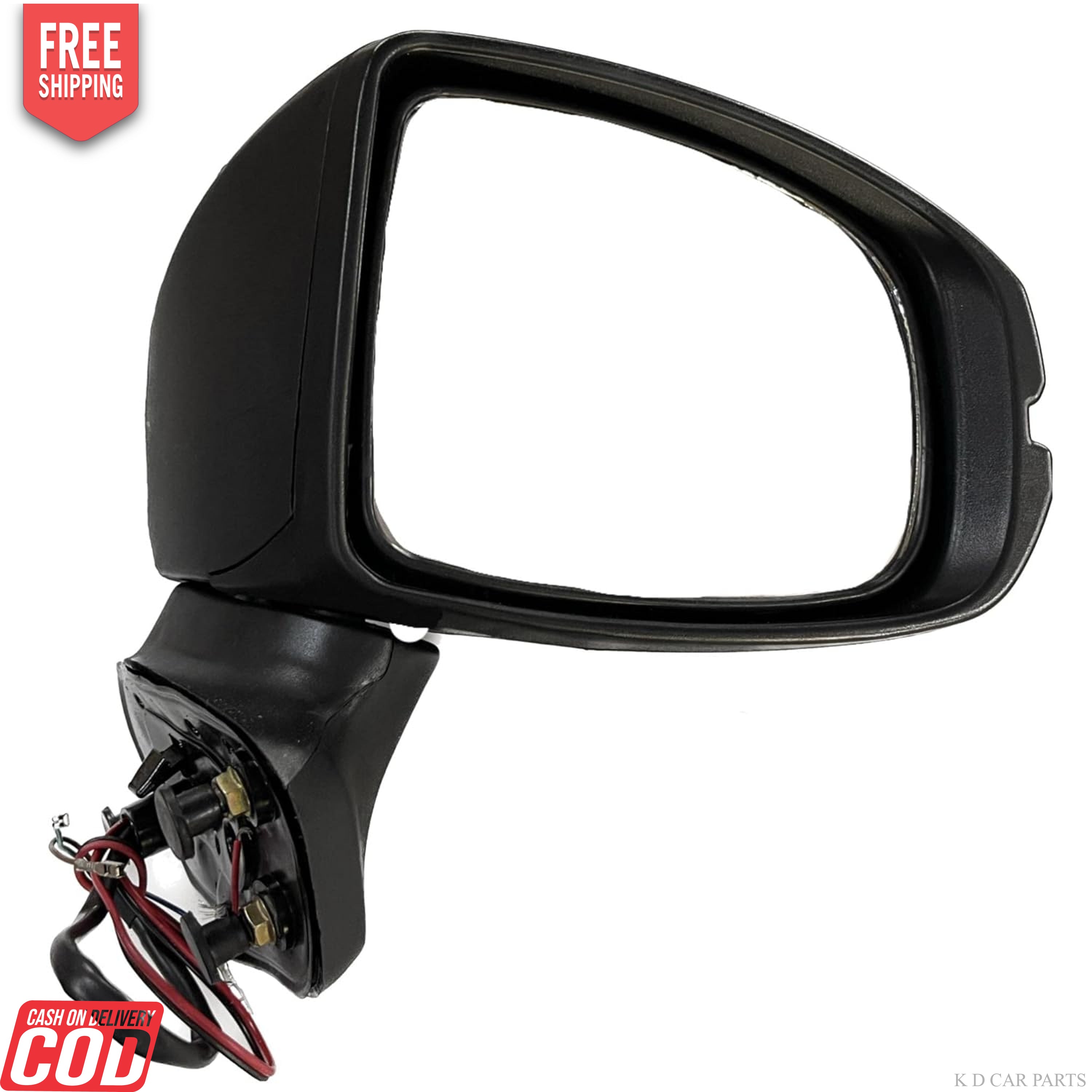 A black door/side mirror for a Honda Jazz motor vehicle with wiring and an indicator, suitable for 2016 and onwards models.