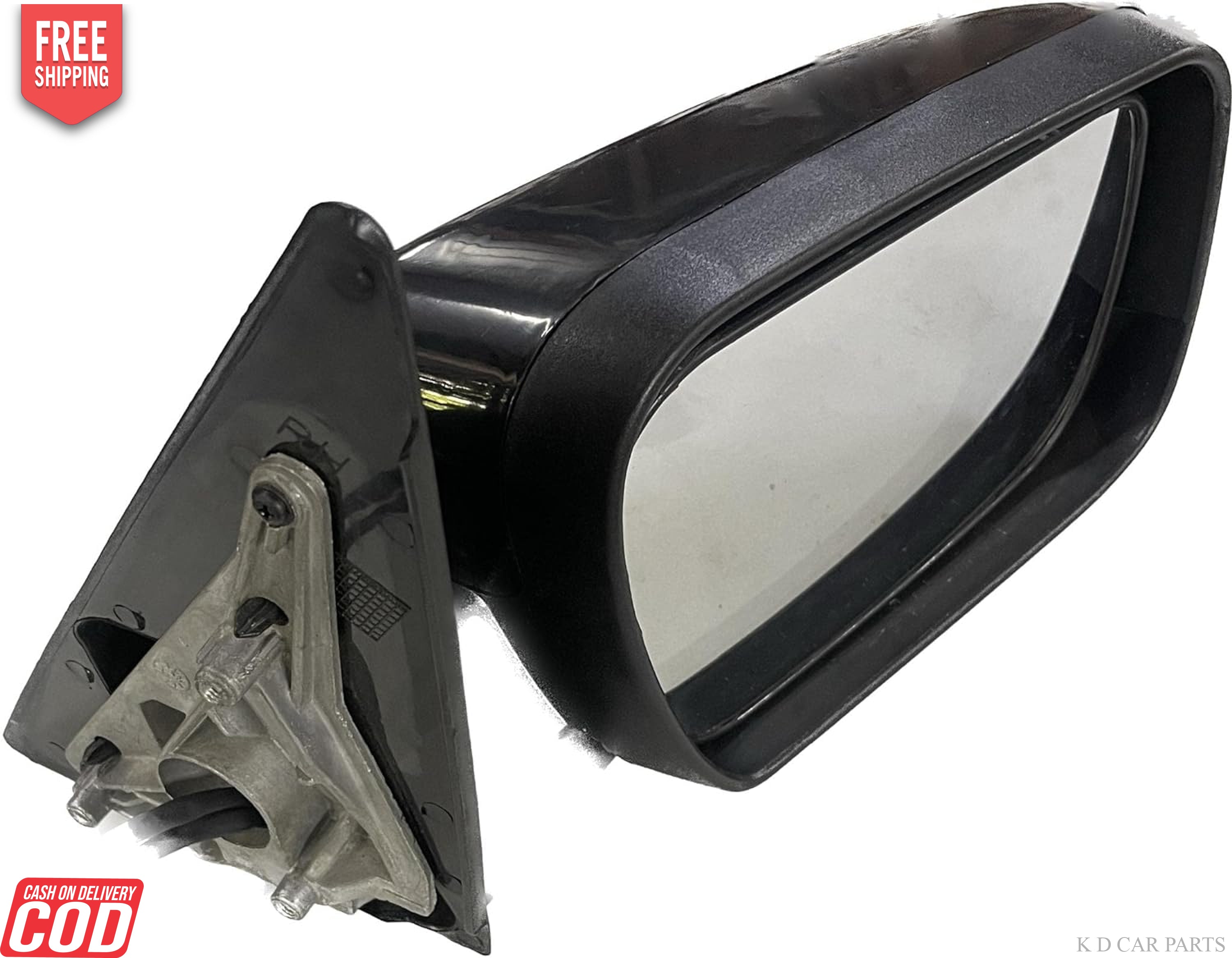 A black door mirror for a Mahindra Scorpio Mhawk motor vehicle, with an aluminium body and an indicator.