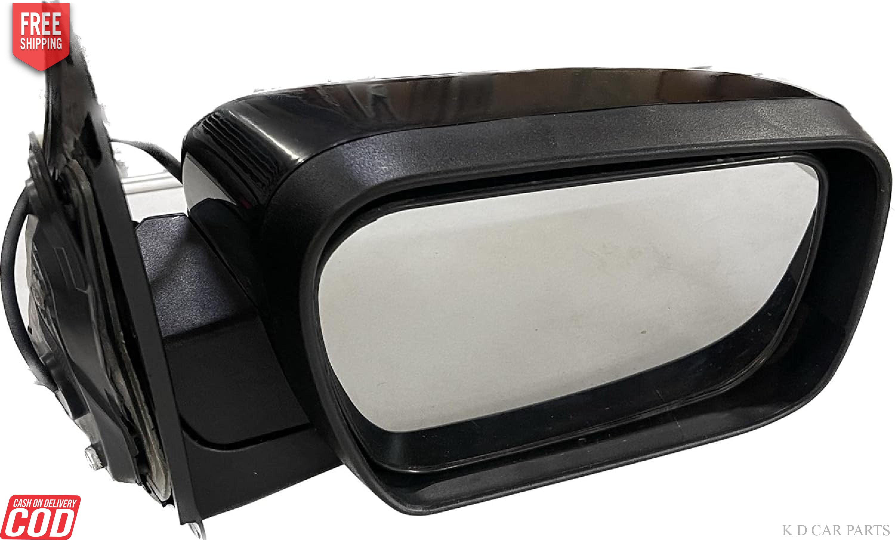 A black door mirror for a Mahindra Scorpio Mhawk motor vehicle, with an aluminium body and an indicator.