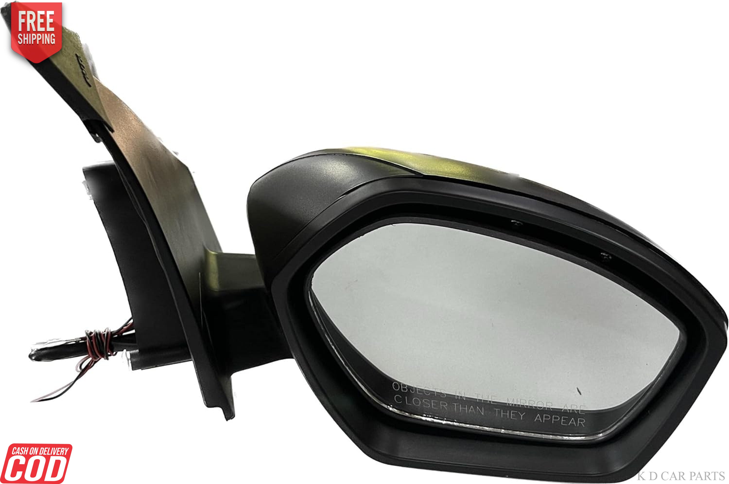 A black K D brand door/side mirror for Tata Tiago/Tigor Motor with an indicator.