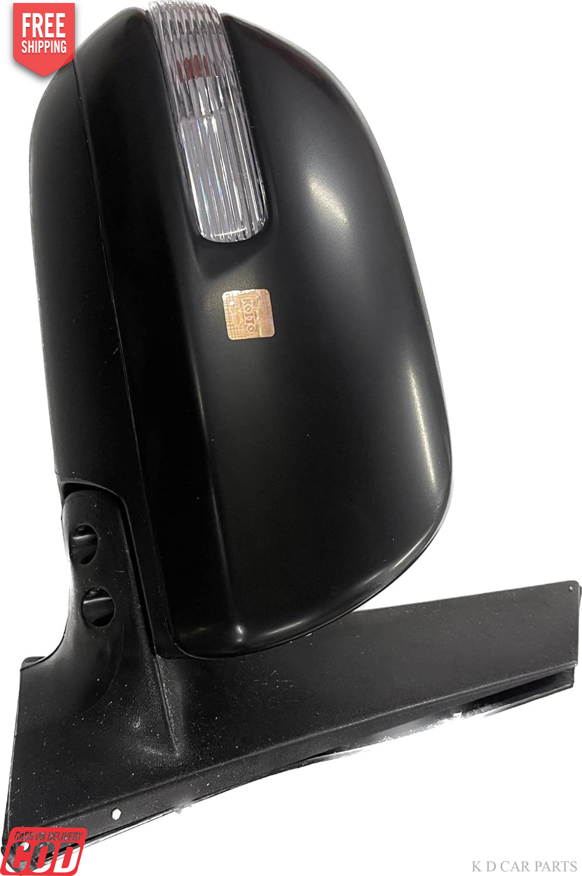 A black door mirror for a vehicle with visible wiring and a turn signal indicator.