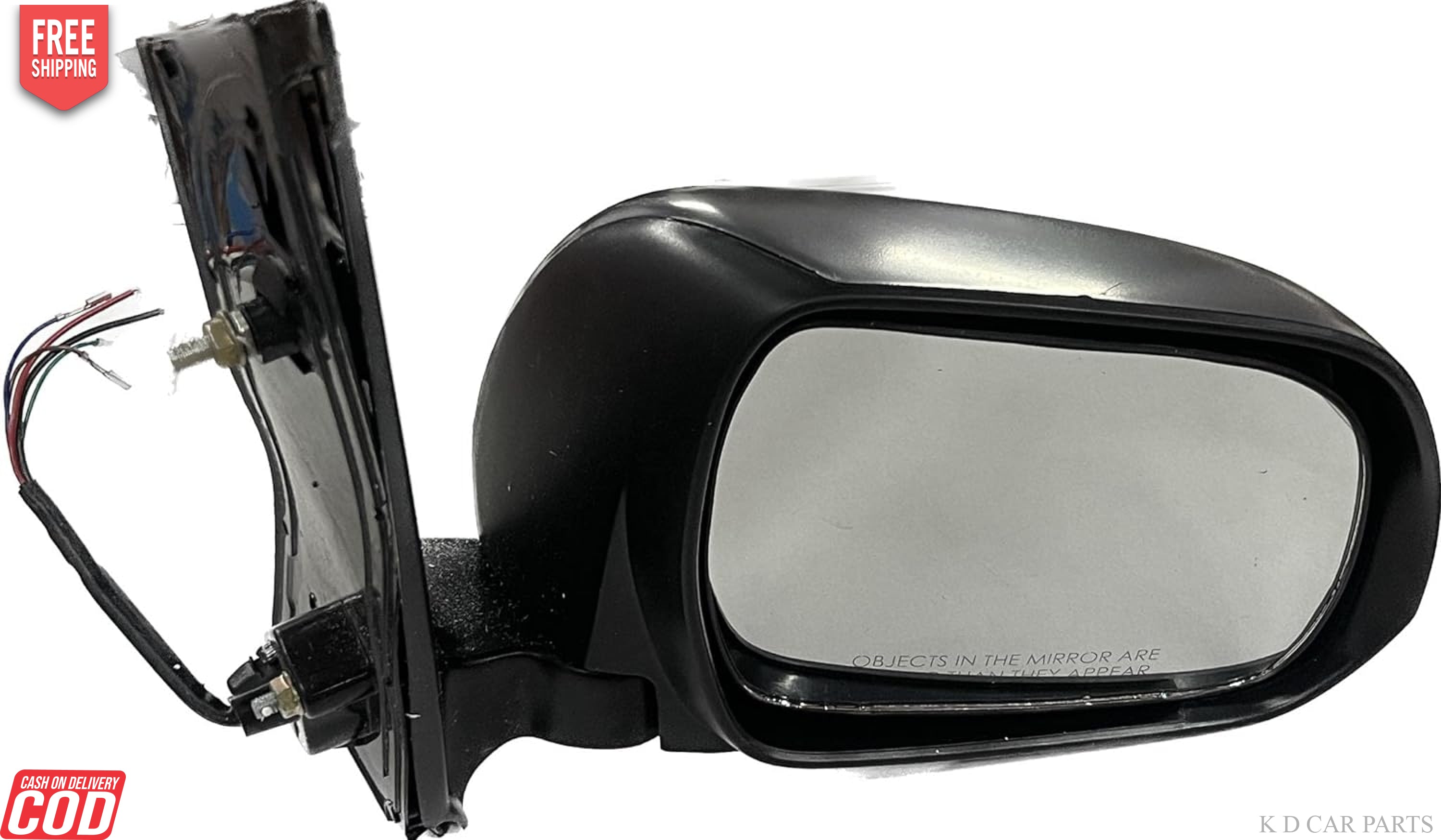 A black door mirror for a vehicle with visible wiring and a turn signal indicator.