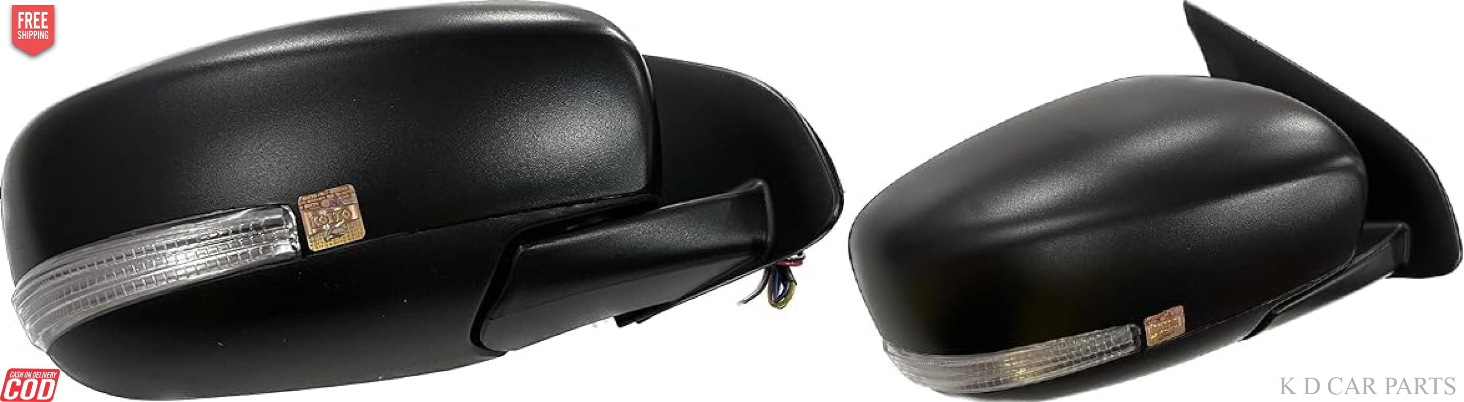 A pair of black, curved side/door mirrors for Maruti Dzire 2017-now models with indicators, mounted on a vehicle.