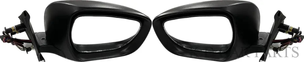 A pair of black, curved side/door mirrors for Maruti Dzire 2017-now models with indicators, mounted on a vehicle.