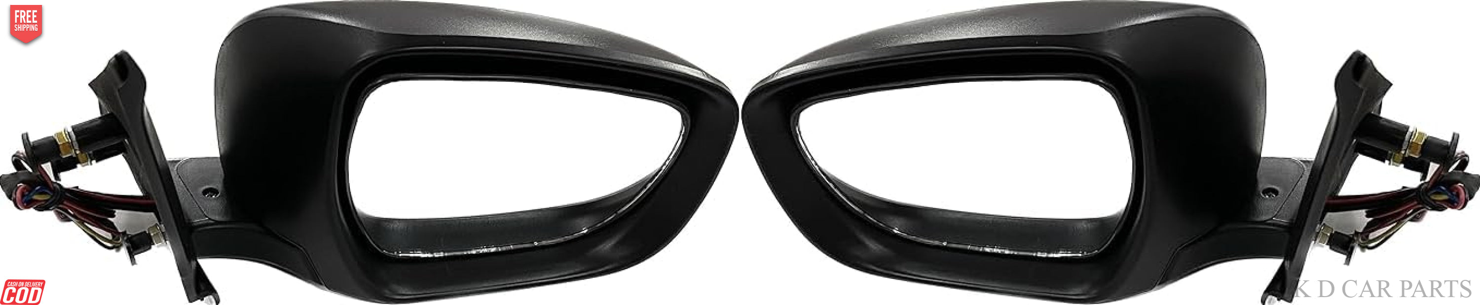 A pair of black, curved side/door mirrors for Maruti Dzire 2017-now models with indicators, mounted on a vehicle.