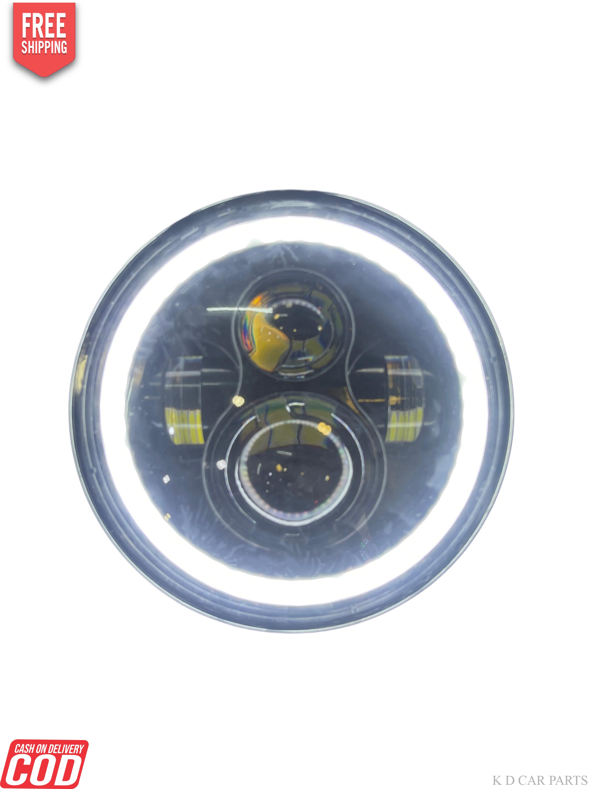 Round headlight with reflective surface on a white background