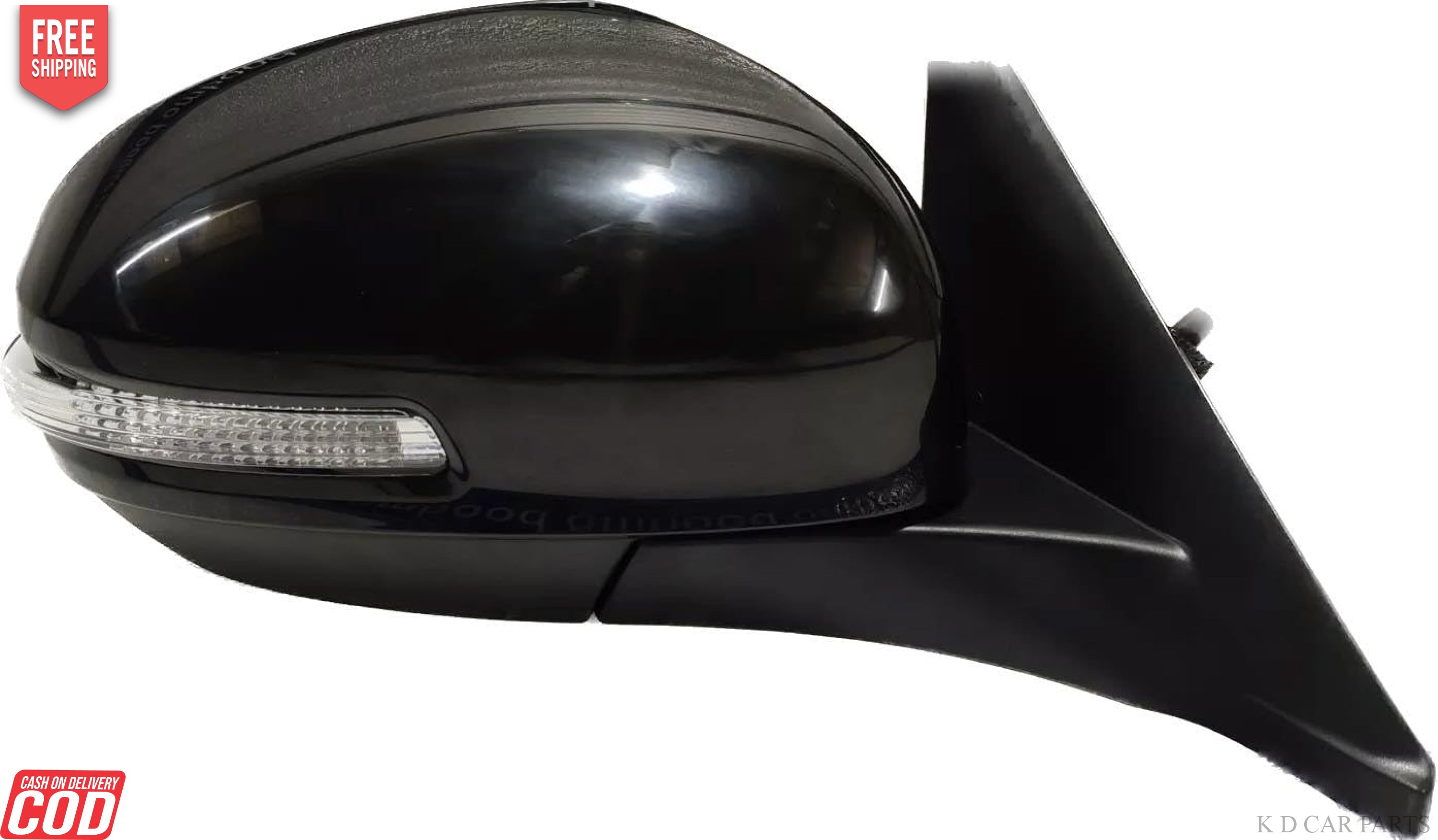 A black, clear K D side/door mirror for Maruti BREZZA motor with an automatic fold, including the mounting hardware.