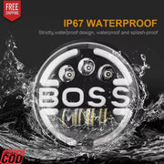 Circular LED light with 'BOSS' branding and water splashes, labeled IP67 waterproof.