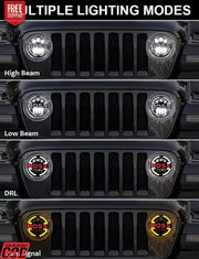 Car grille with BOSS lights displaying high beam, low beam, DRL, and turn signal modes.