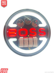 Round light with 'BOSS' text in red on a white background
