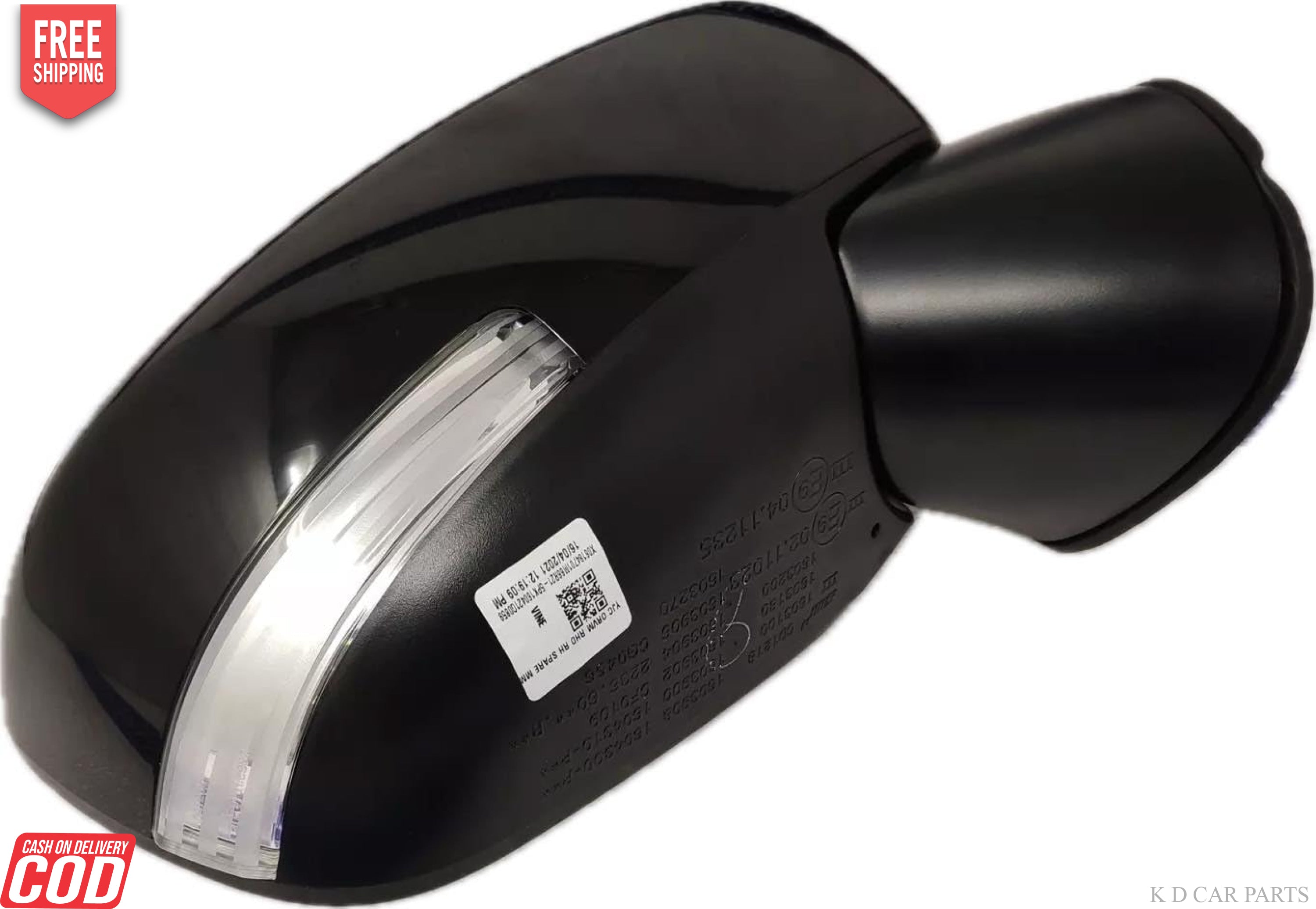 A black, curved K D brand side mirror for Maruti IGNIS motor vehicles, featuring a shatter-resistant acrylic mirror with a mounting type of door mount and an indicator.