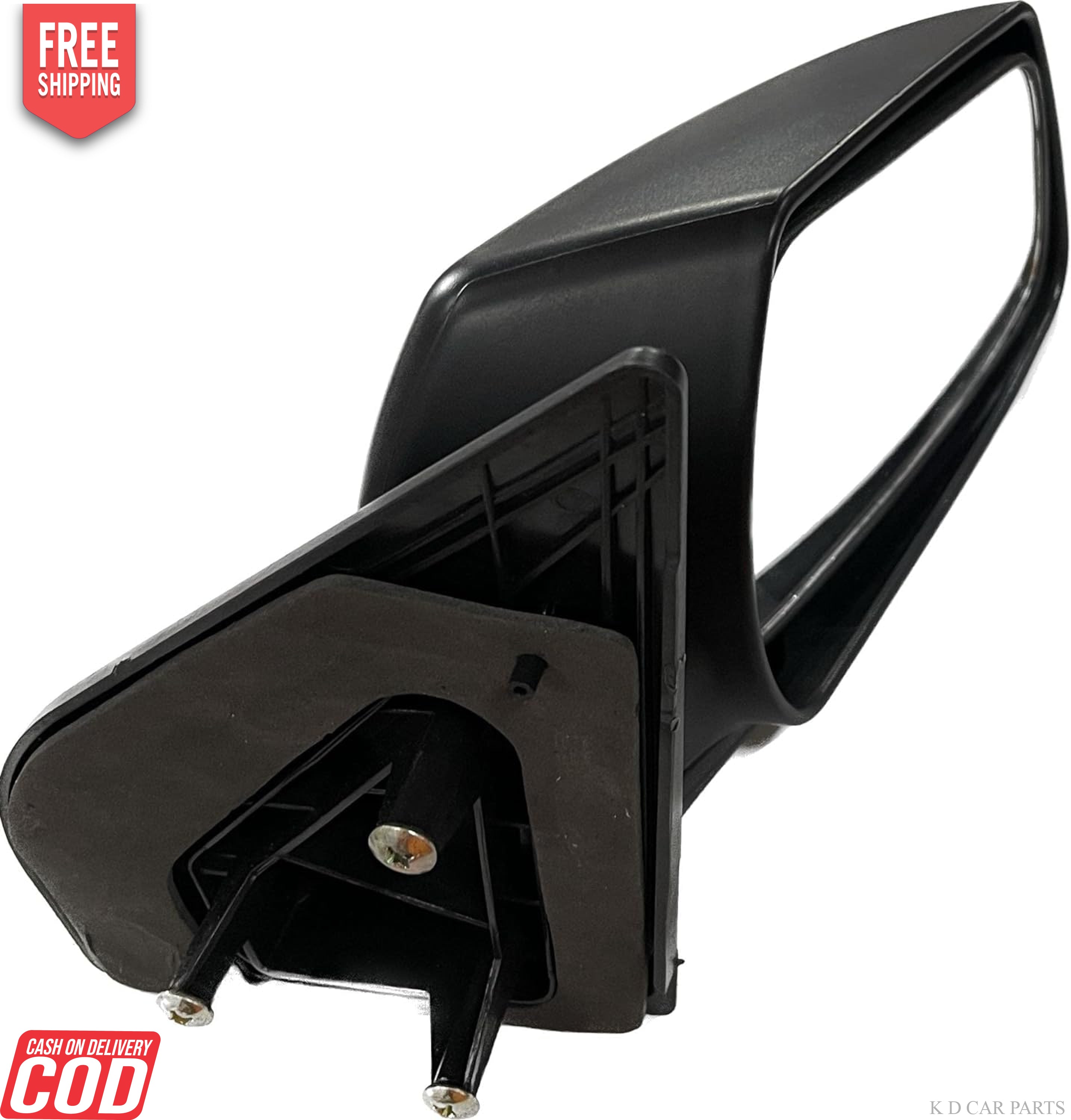 A black K D brand door mirror for a Chevrolet Enjoy, showing a clear glass mirror mounted on a door mount.