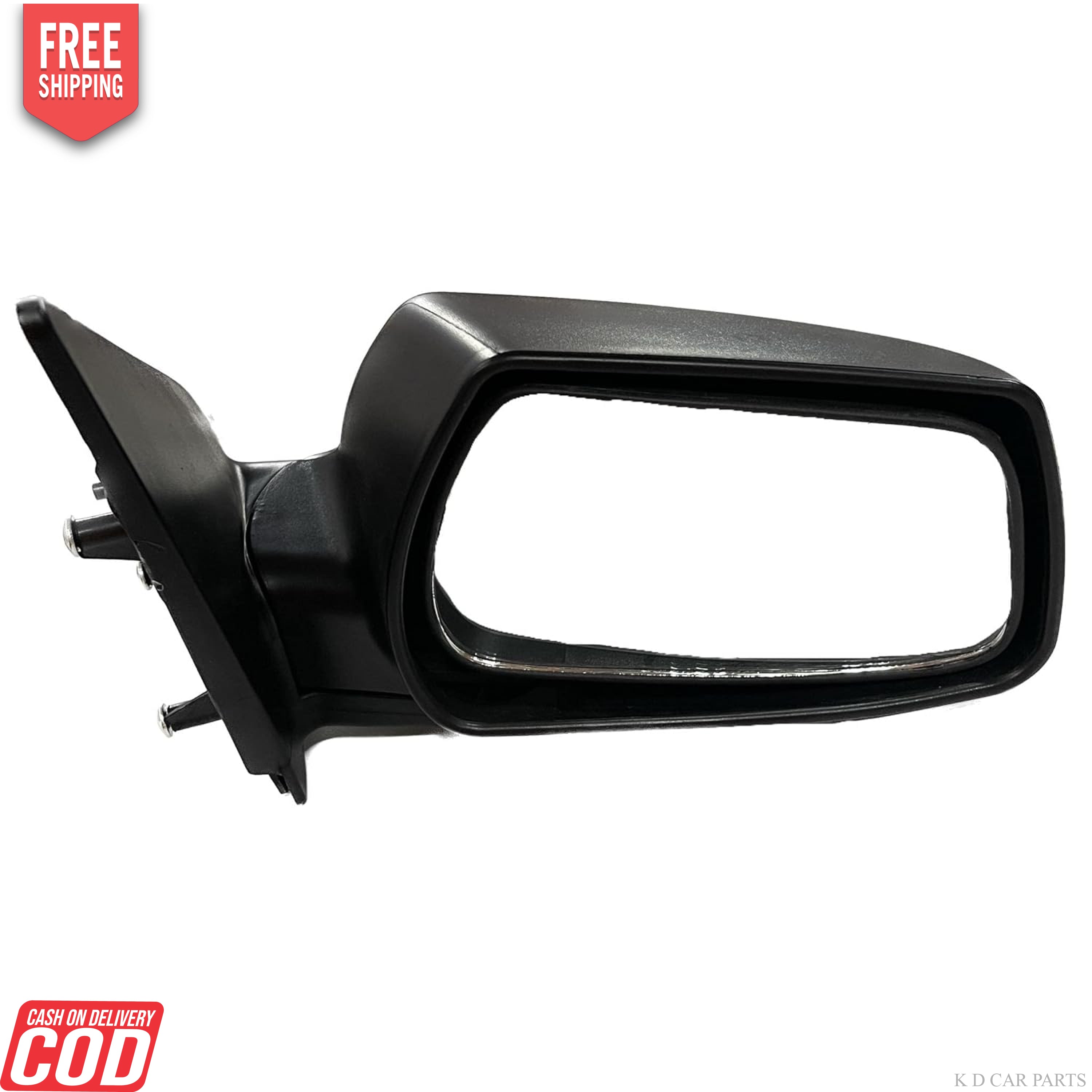 A black K D brand door mirror for a Chevrolet Enjoy, showing a clear glass mirror mounted on a door mount.