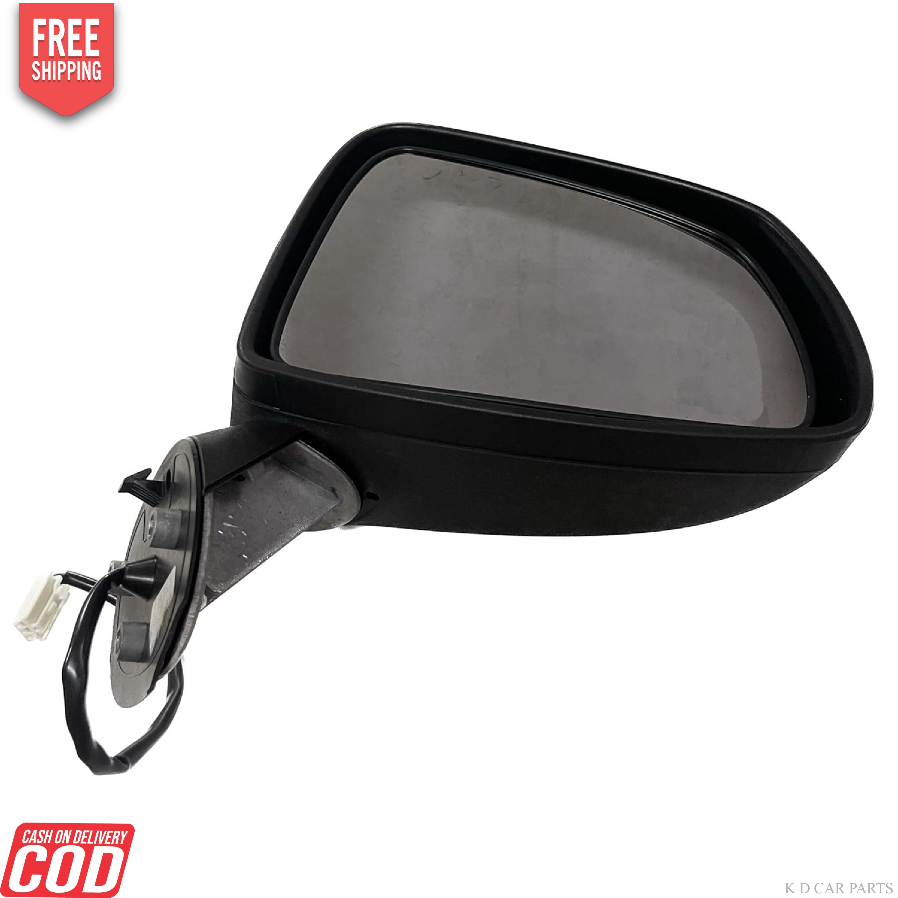 A black, shatter-resistant acrylic door/side mirror for Chevrolet Sail U-VA, with a visible wiring harness.