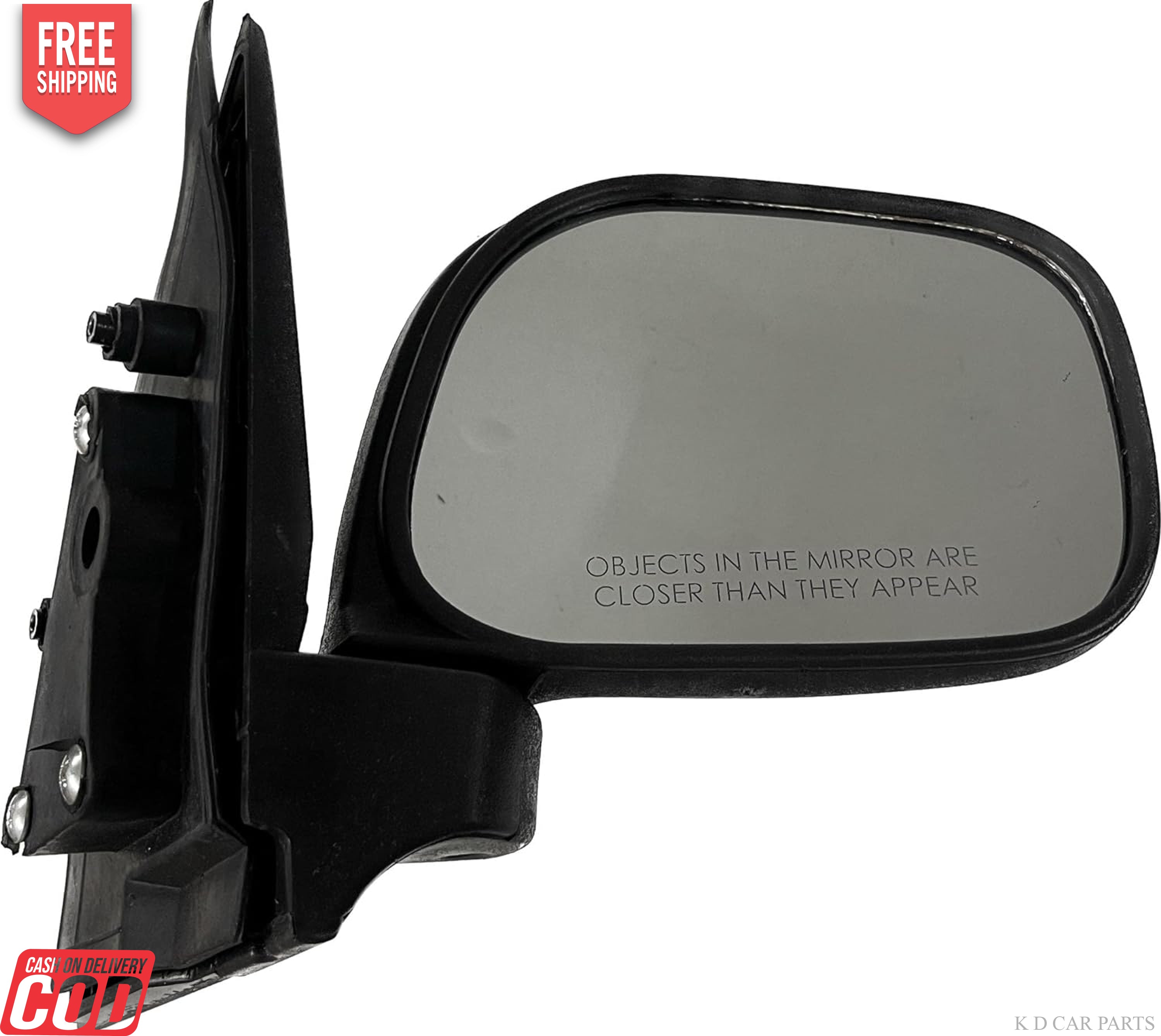 A black, shatter-resistant acrylic door/side mirror for a Chevrolet Tavera Type 2 vehicle, featuring a curved design and mounted on the vehicle's door.