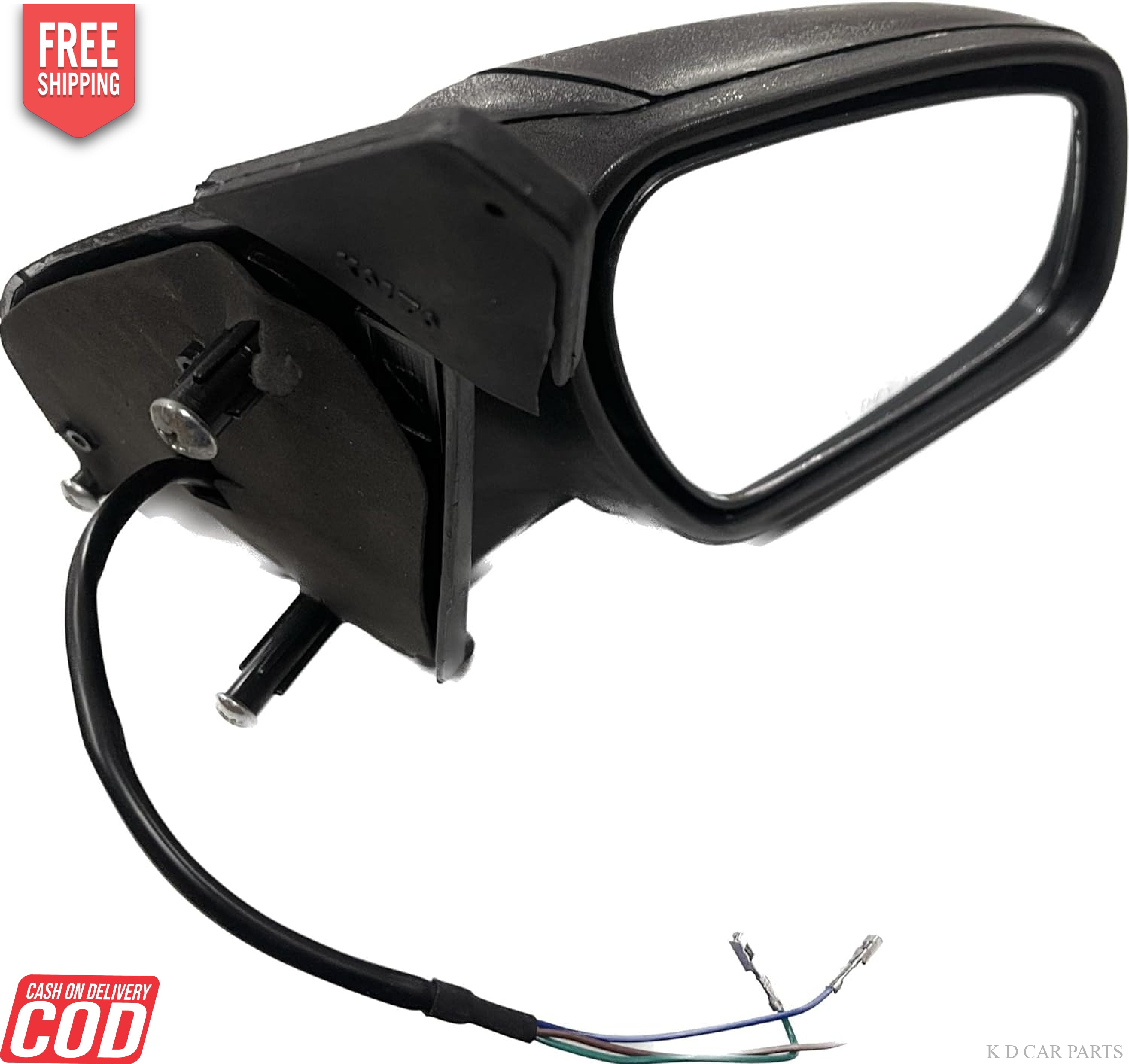 K D brand door mirror for Ford Fiesta motor vehicle, black in color, with wiring harness.