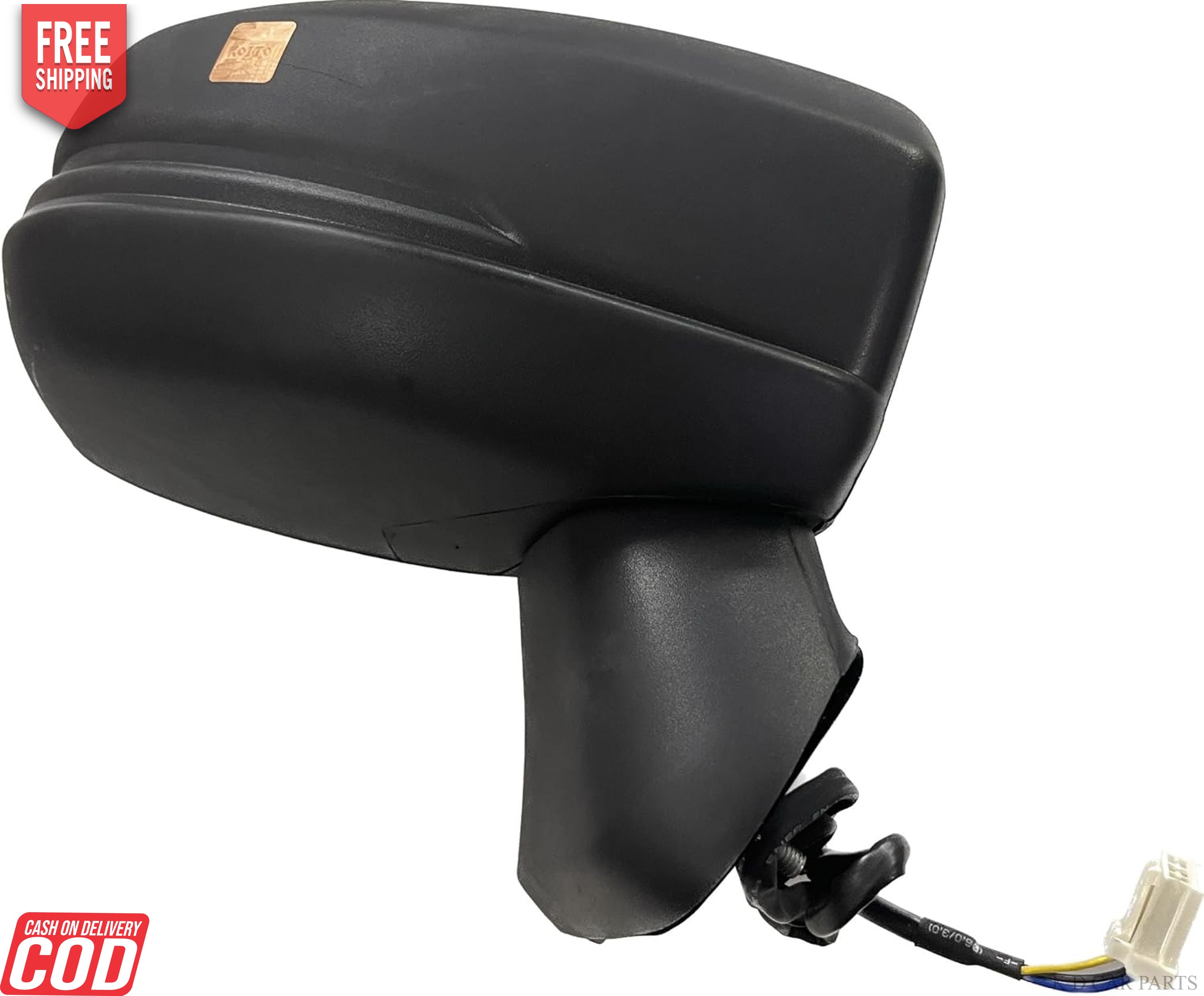 A pair of black, curved K D brand door/side mirrors for a Honda Jazz motor vehicle, without indicators, featuring a coupler for mounting.