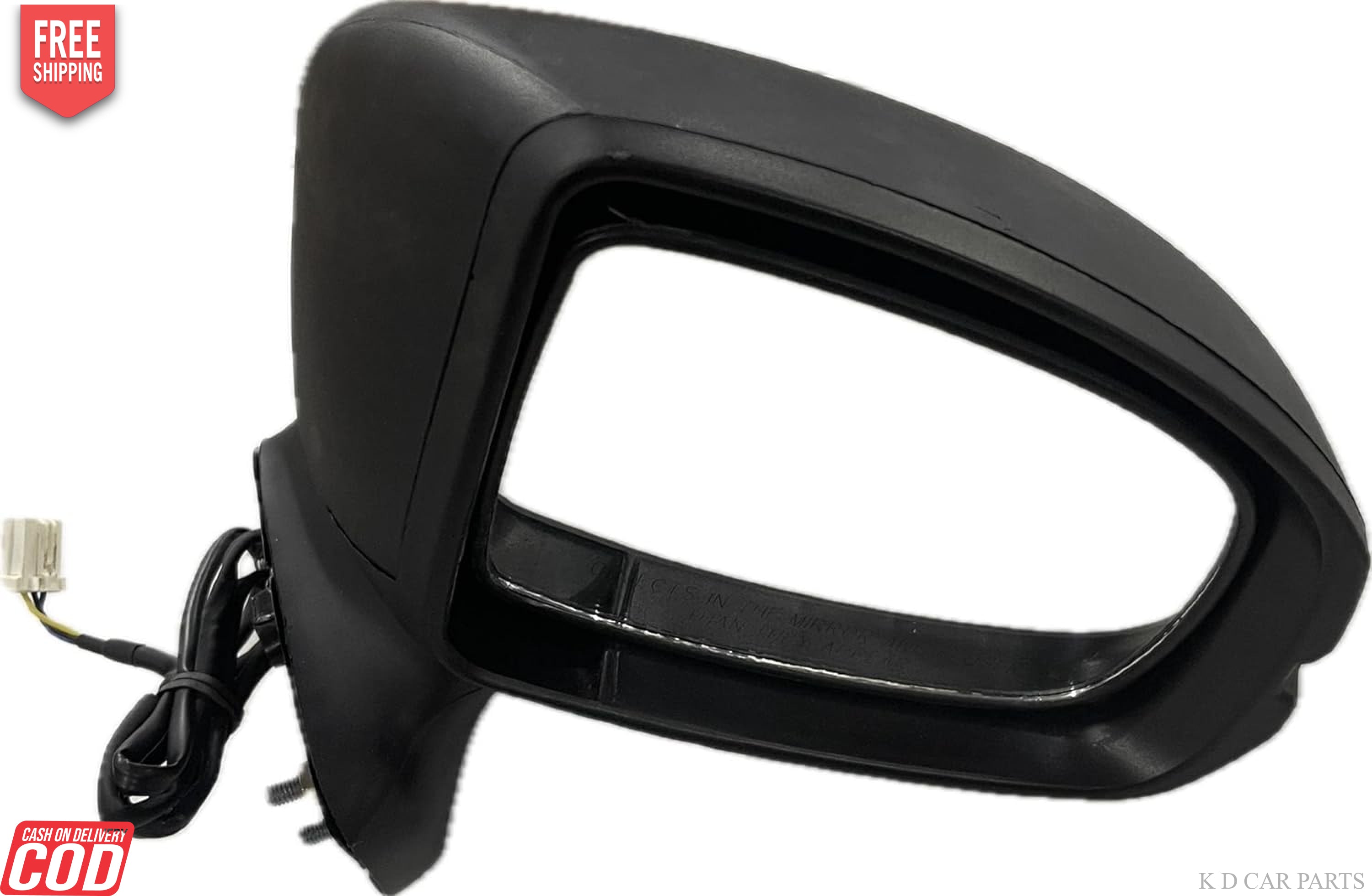 A pair of black, curved K D brand door/side mirrors for a Honda Jazz motor vehicle, without indicators, featuring a coupler for mounting.