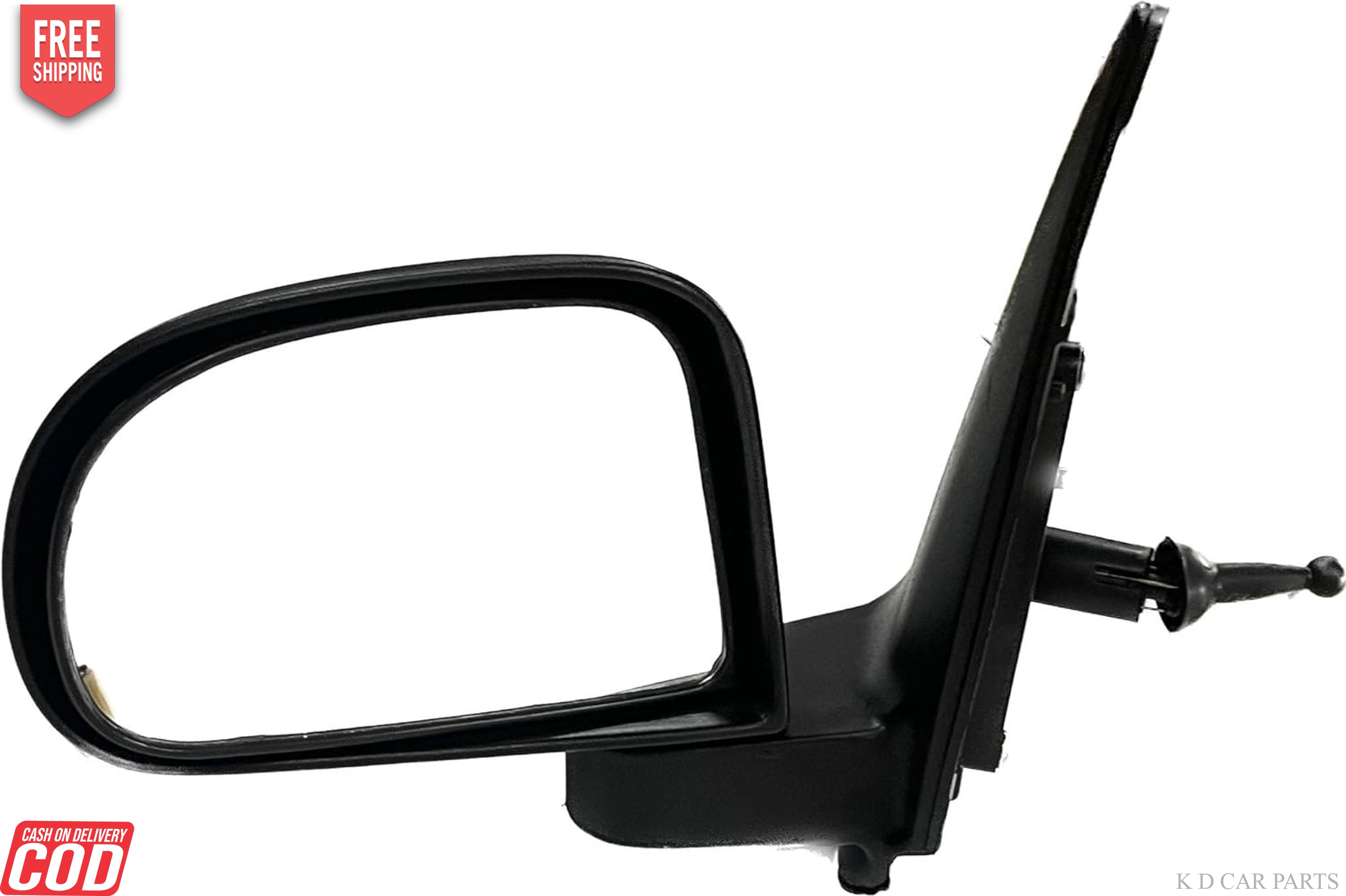 A black, K D brand door/side mirror for Hyundai I10 2007-2010, featuring a curved design with mounting hardware.