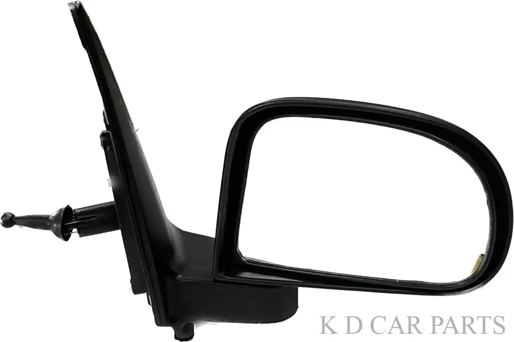 A black, K D brand door/side mirror for Hyundai I10 2007-2010, featuring a curved design with mounting hardware.