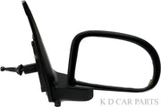 A black, K D brand door/side mirror for Hyundai I10 2007-2010, featuring a curved design with mounting hardware.