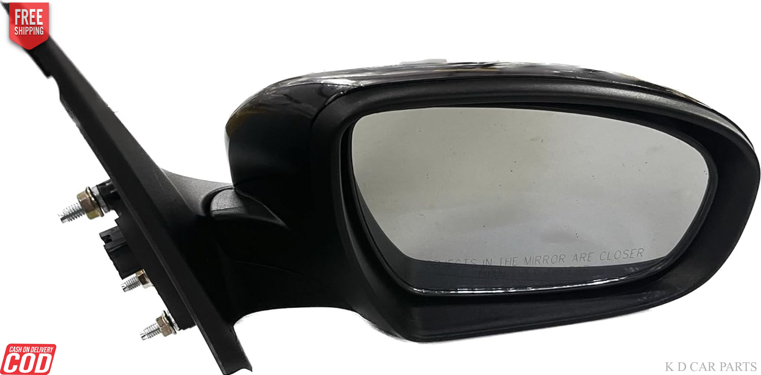 A black K D brand door/side mirror for Hyundai I20 Elite (2014-2018) with coupler, showing the mirror's reflective surface and the attachment points.