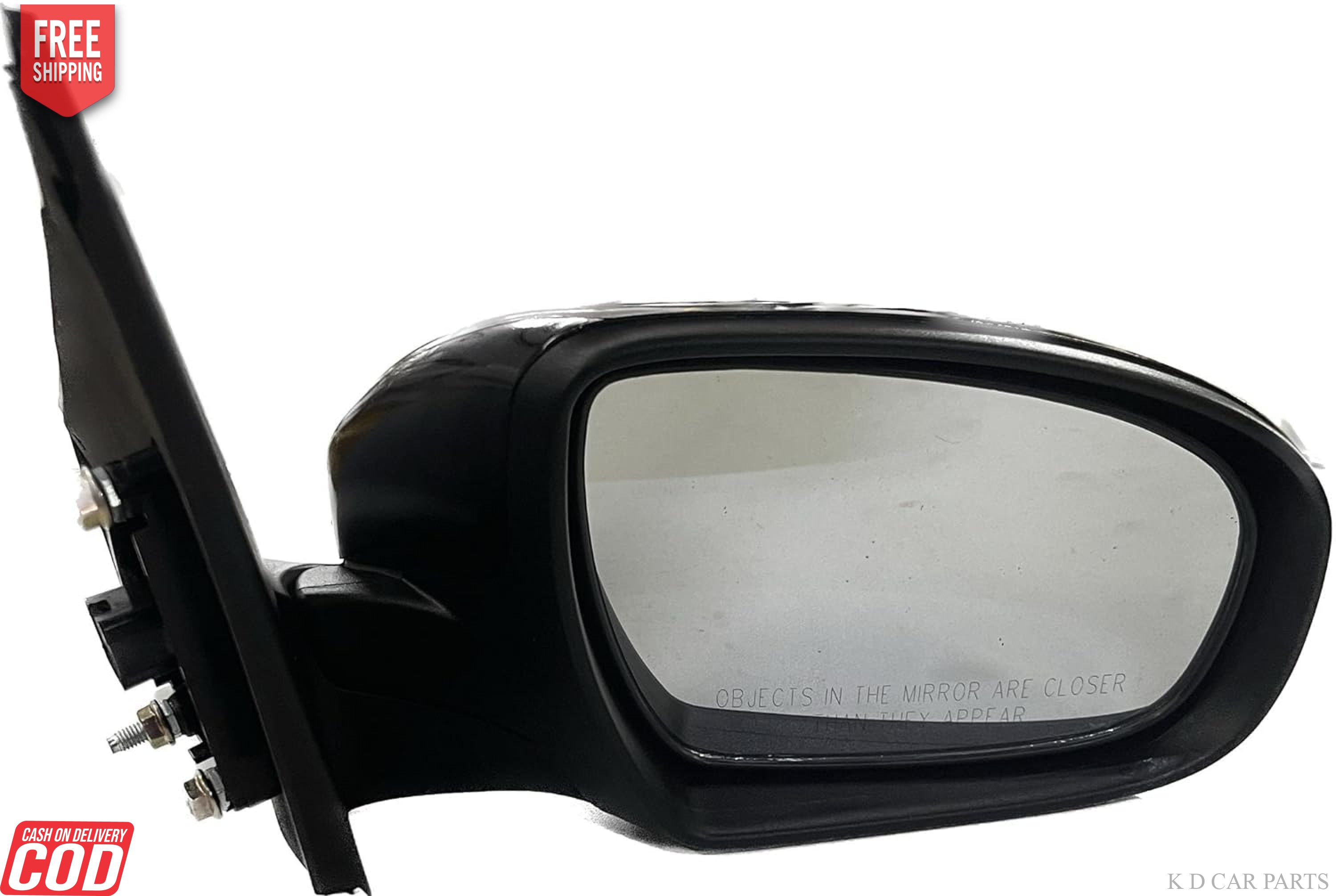 A black K D brand door/side mirror for Hyundai I20 Elite (2014-2018) with coupler, showing the mirror's reflective surface and the attachment points.