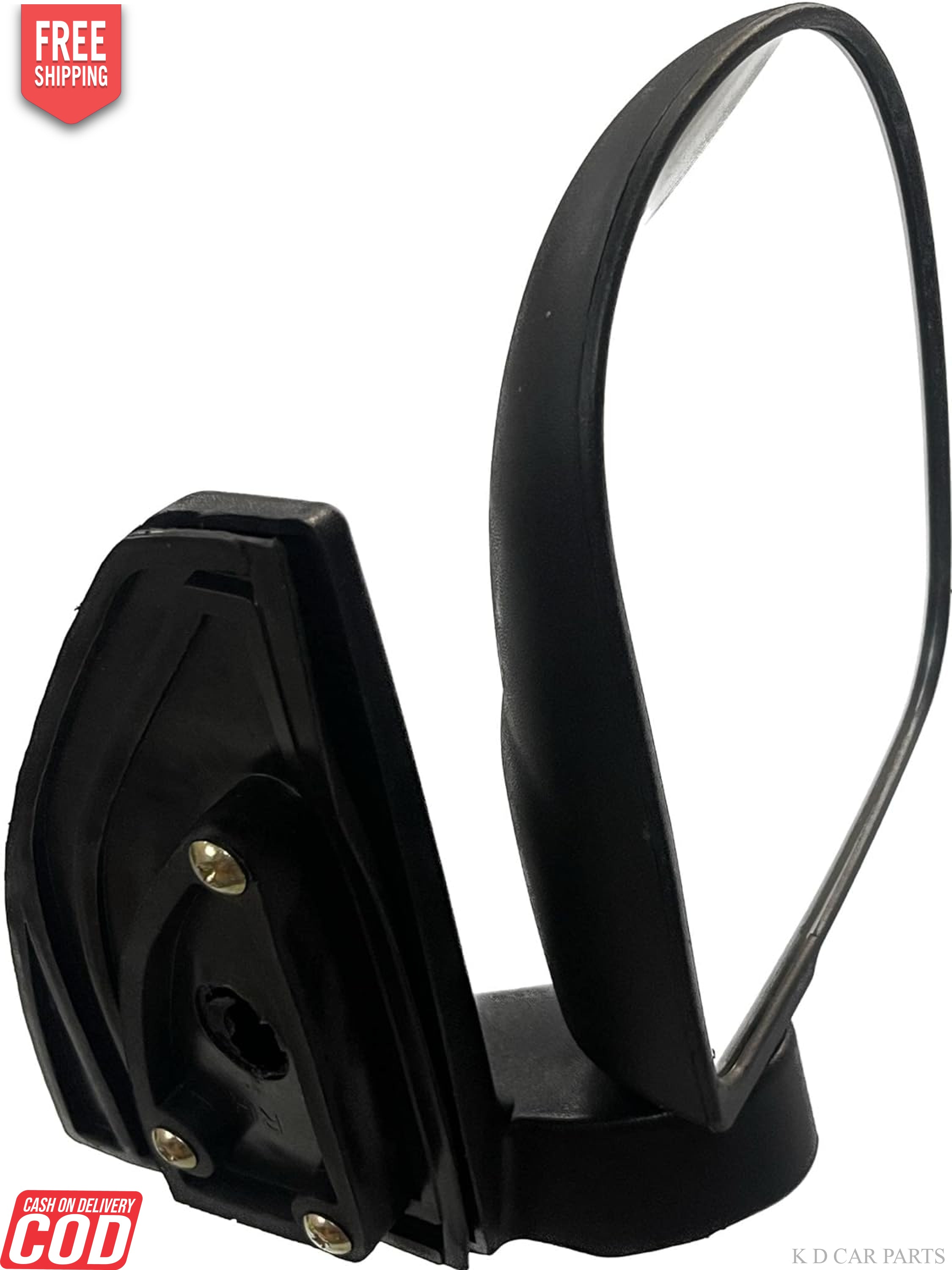 A black, curved KD brand door/side mirror for a Hyundai Santro, featuring a shatter-resistant acrylic mirror attached to a black mounting frame with visible screws.
