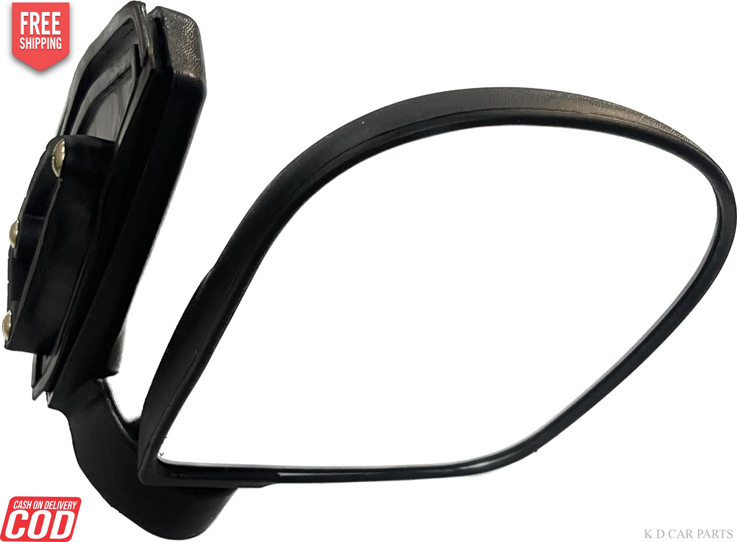 A black, curved KD brand door/side mirror for a Hyundai Santro, featuring a shatter-resistant acrylic mirror attached to a black mounting frame with visible screws.