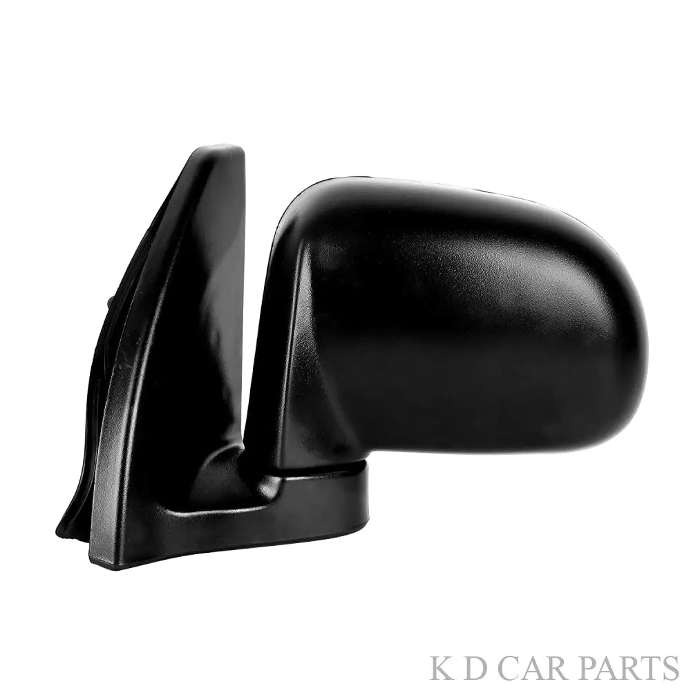 A black, K D brand door/side mirror for Hyundai Santro Xing, featuring a curved design with a shatter-resistant acrylic mirror and ABS plastic mounting.
