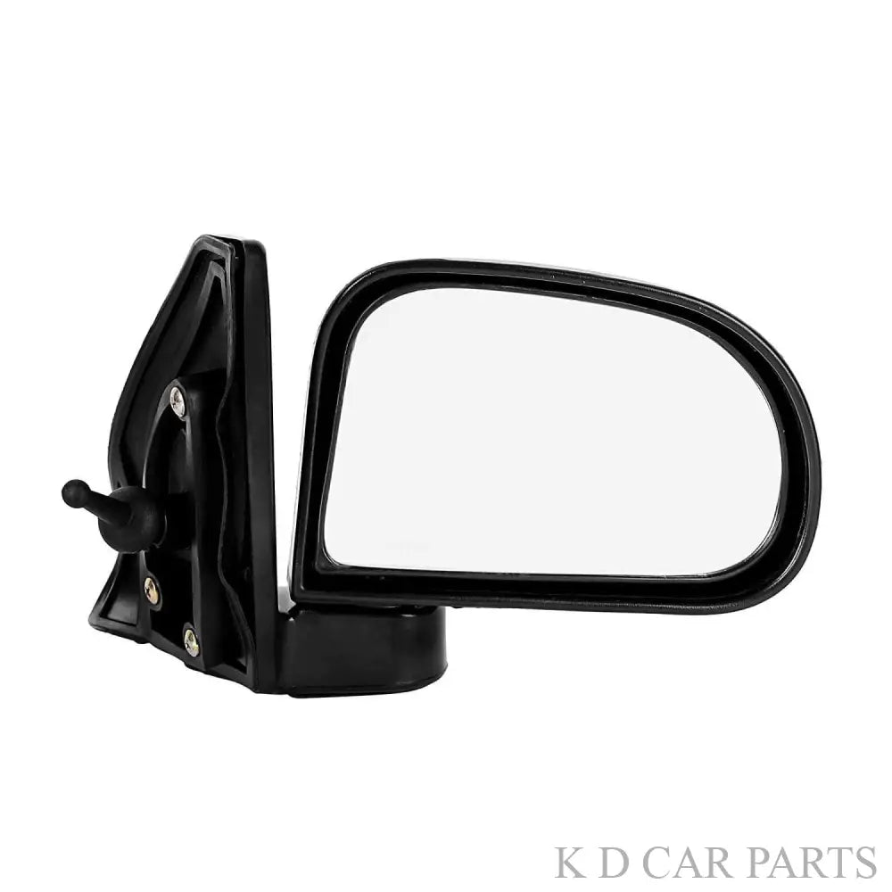 A black, K D brand door/side mirror for Hyundai Santro Xing, featuring a curved design with a shatter-resistant acrylic mirror and ABS plastic mounting.