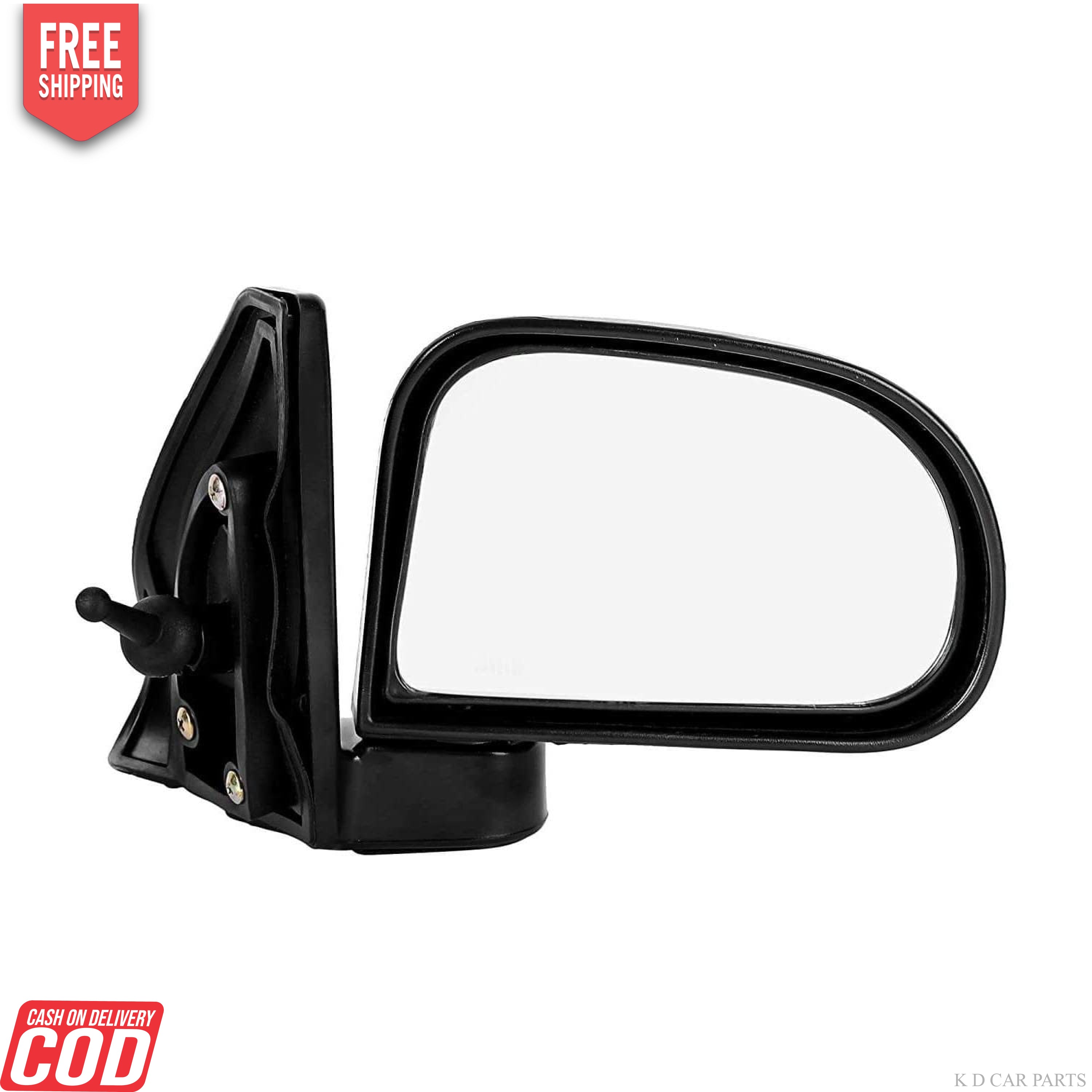 A black, K D brand door/side mirror for Hyundai Santro Xing, featuring a curved design with a shatter-resistant acrylic mirror and ABS plastic mounting.