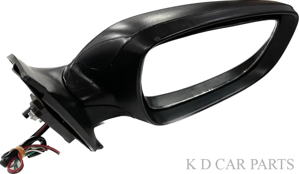 A black K D brand door side mirror for a Hyundai Verna Fluidic motor vehicle, with indicator, non-auto fold type, for the years 2011-2017.