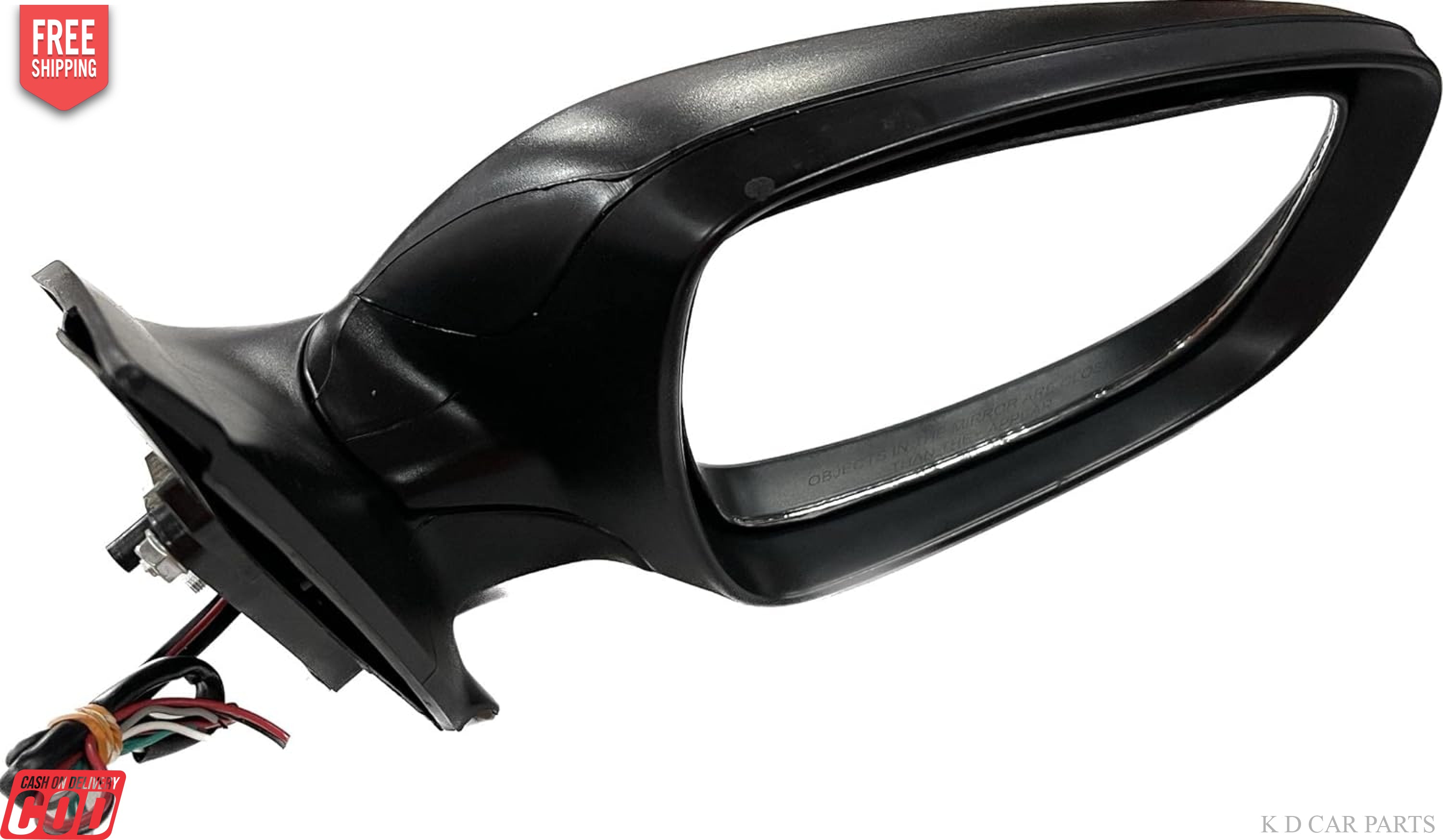 A black K D brand door side mirror for a Hyundai Verna Fluidic motor vehicle, with indicator, non-auto fold type, for the years 2011-2017.