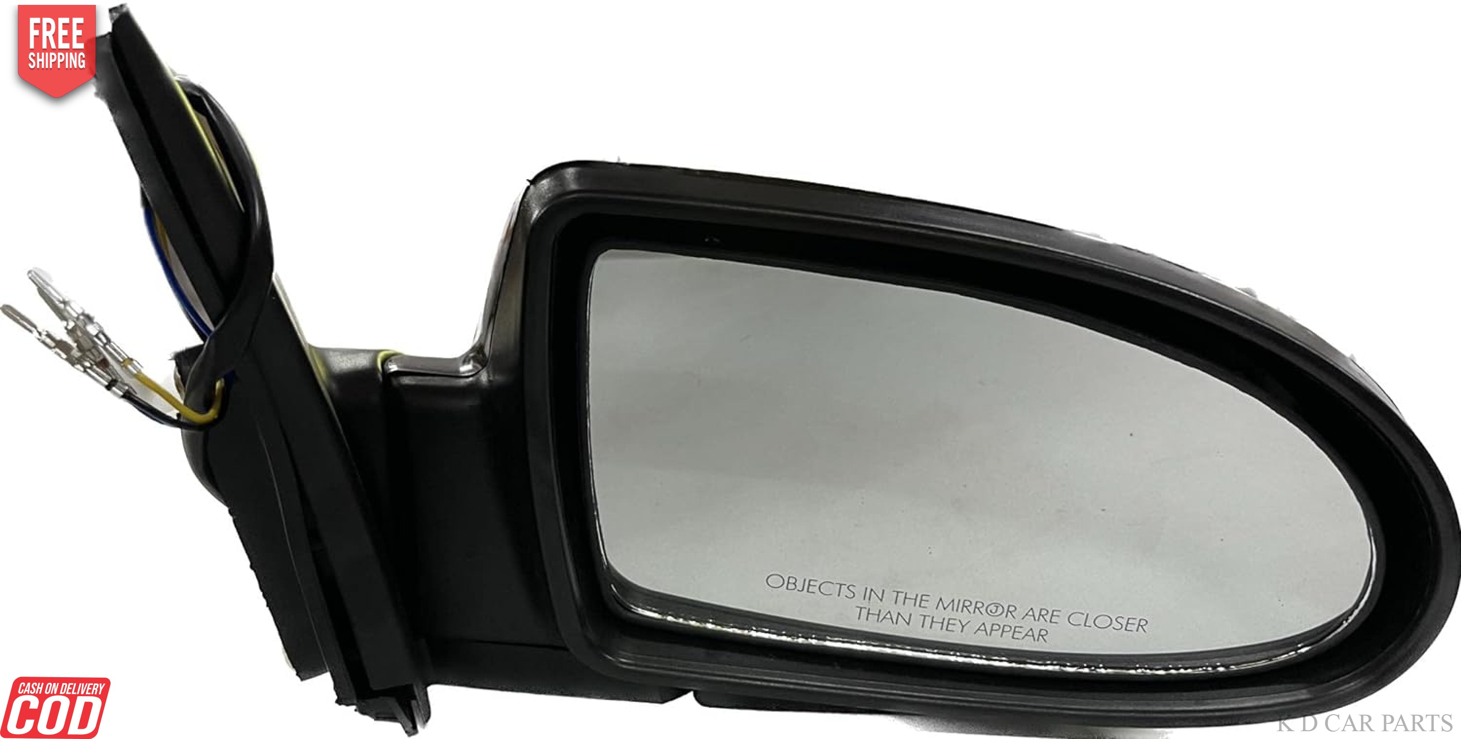 K D brand motorized door mirror for Hyundai Verna, featuring a black casing and a clear mirror glass.